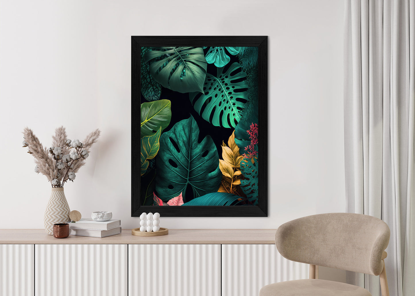 Poster Große Tropische Blätter Auf Schwarzem Hintergrund