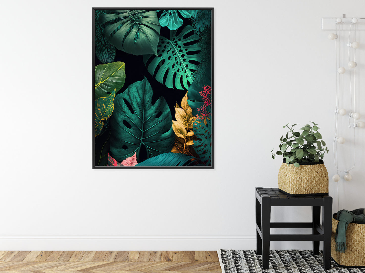 Poster Große Tropische Blätter Auf Schwarzem Hintergrund