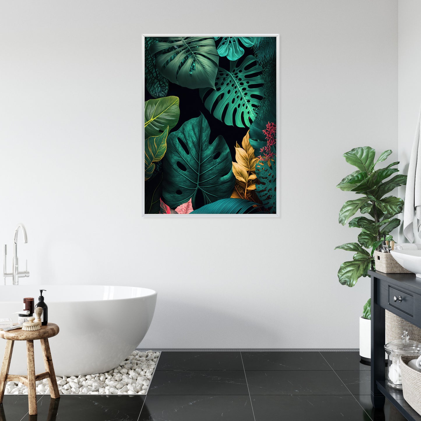 Poster Große Tropische Blätter Auf Schwarzem Hintergrund