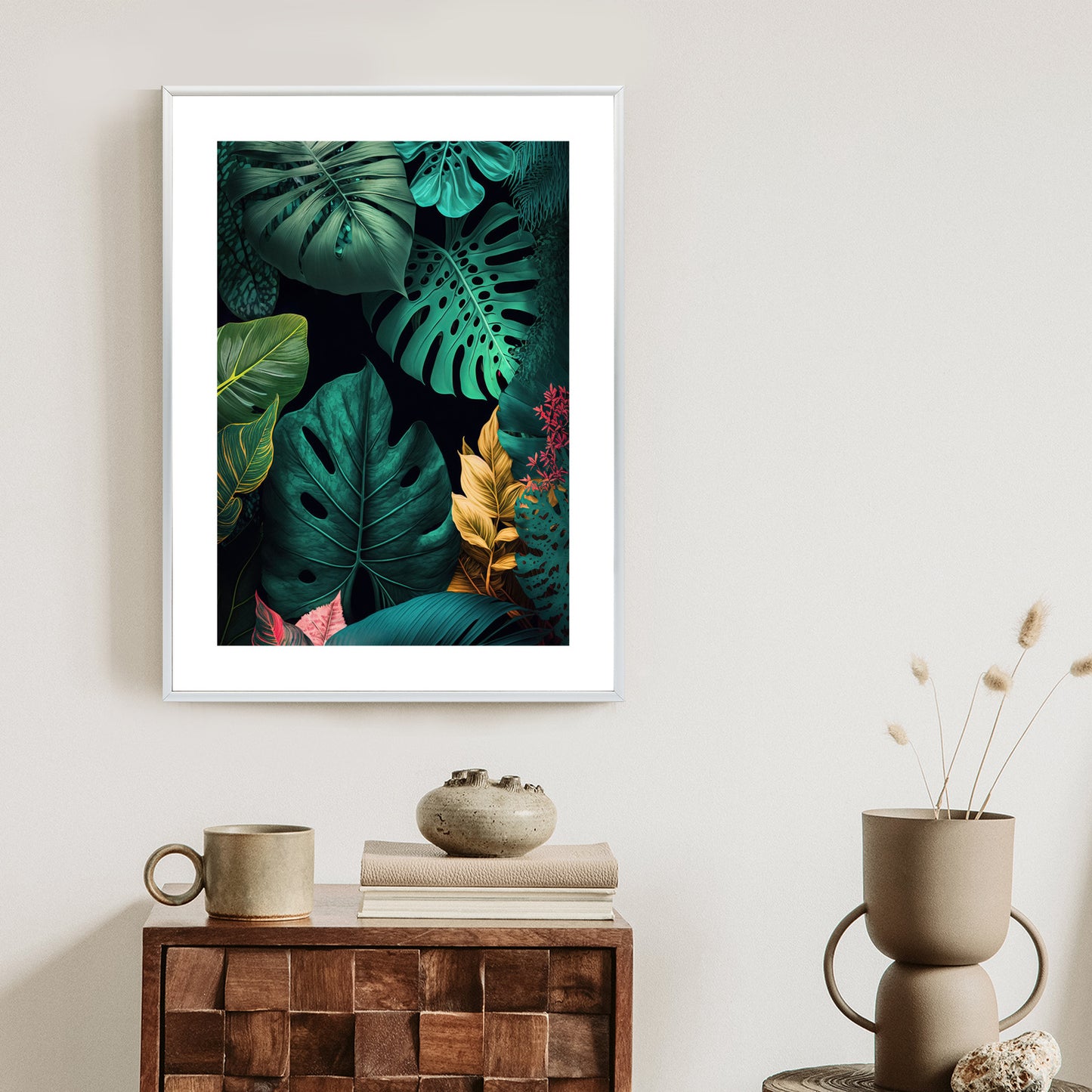 Poster Große Tropische Blätter Auf Schwarzem Hintergrund