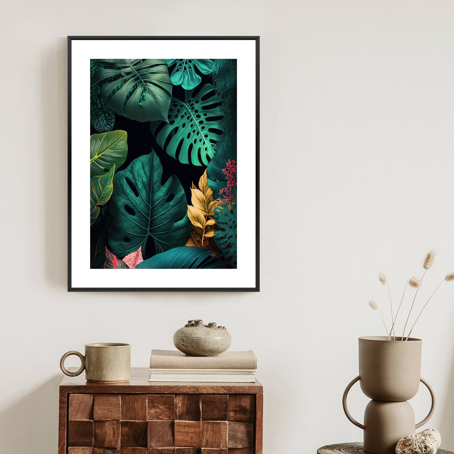 Poster Große Tropische Blätter Auf Schwarzem Hintergrund