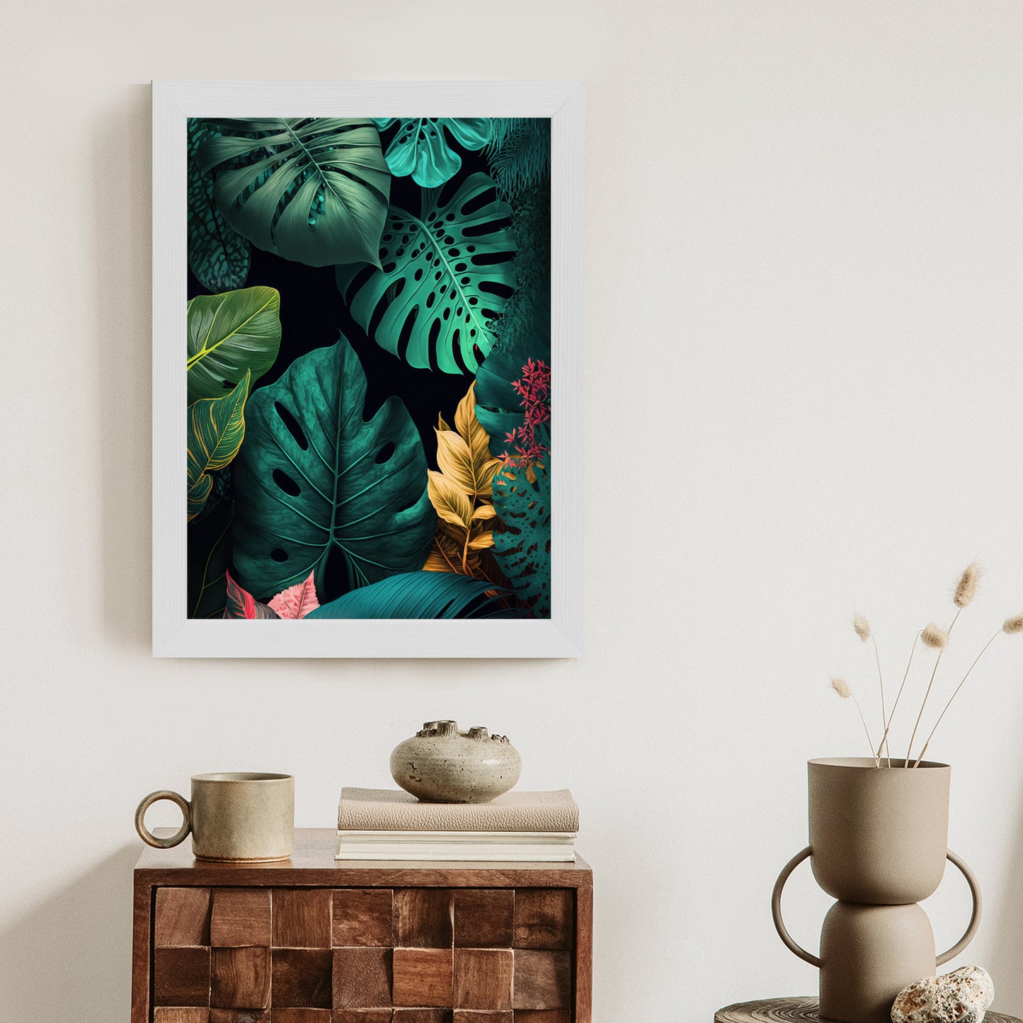 Poster Große Tropische Blätter Auf Schwarzem Hintergrund