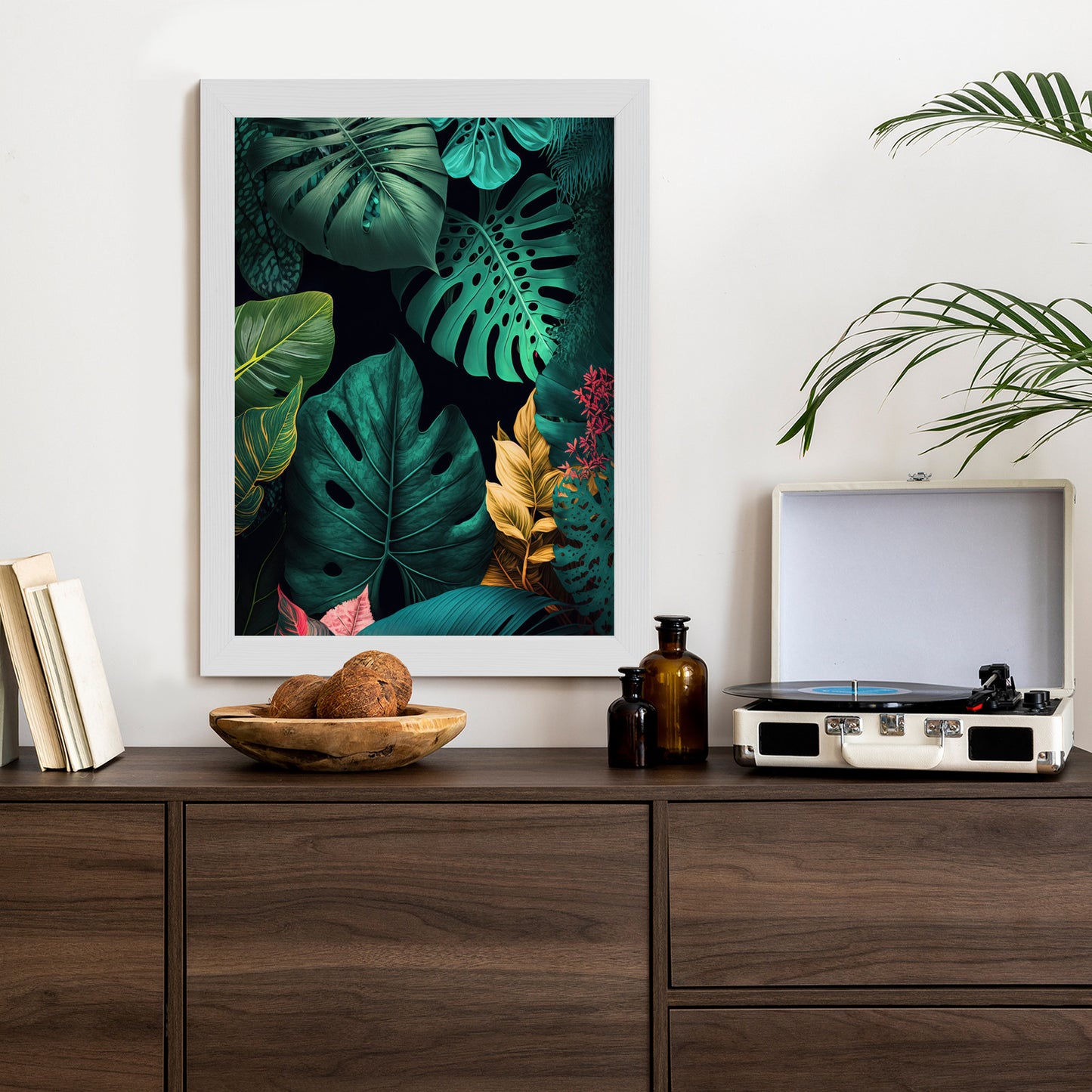 Poster Große Tropische Blätter Auf Schwarzem Hintergrund