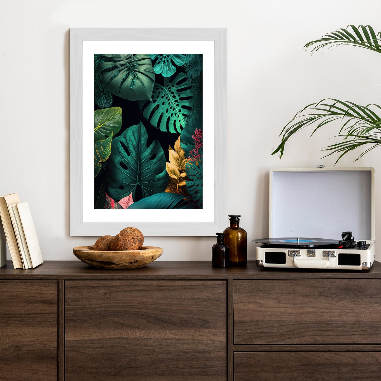 Poster Große Tropische Blätter Auf Schwarzem Hintergrund