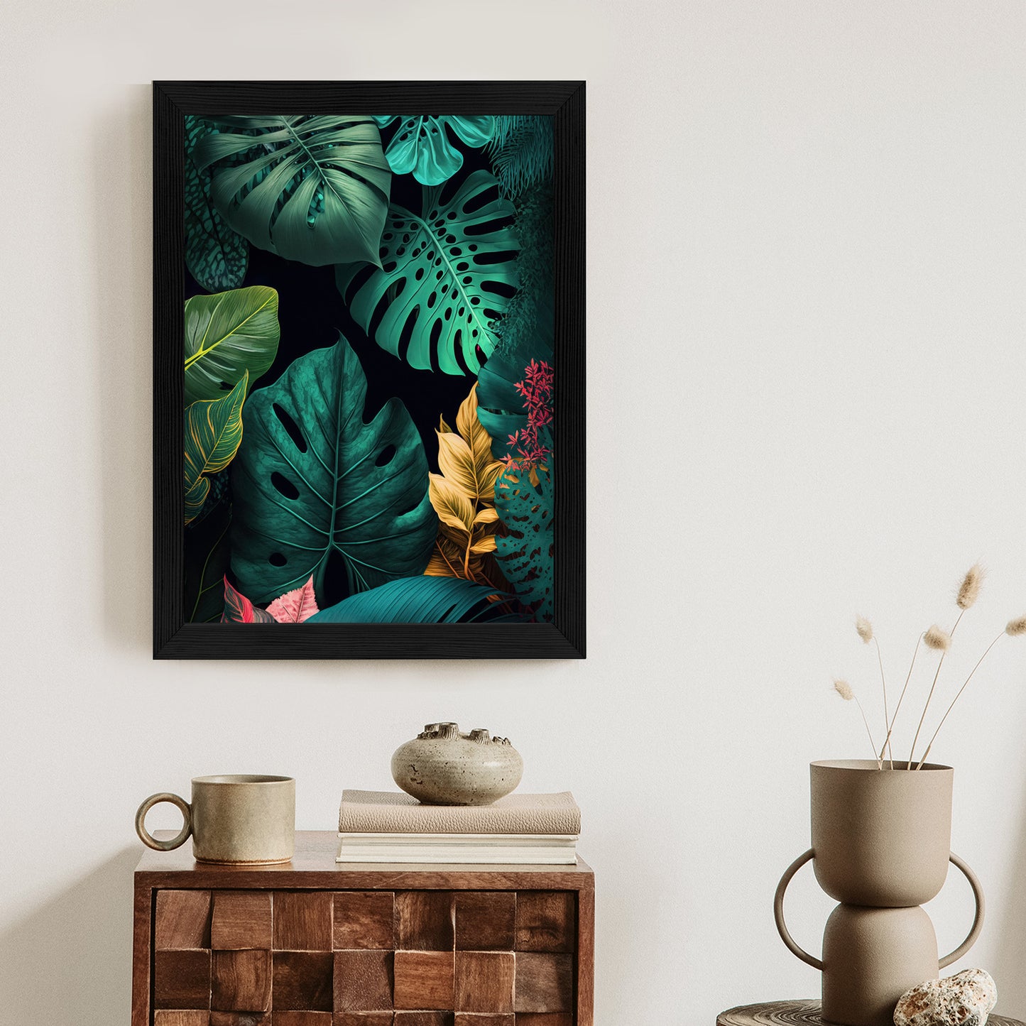 Poster Große Tropische Blätter Auf Schwarzem Hintergrund