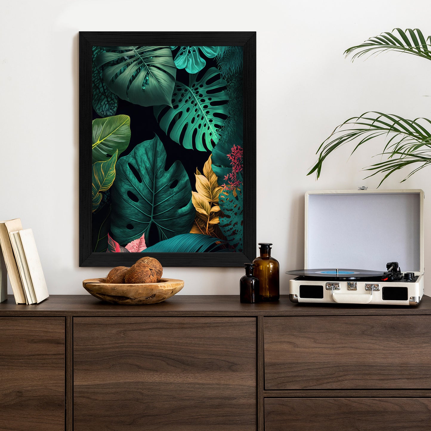 Poster Große Tropische Blätter Auf Schwarzem Hintergrund