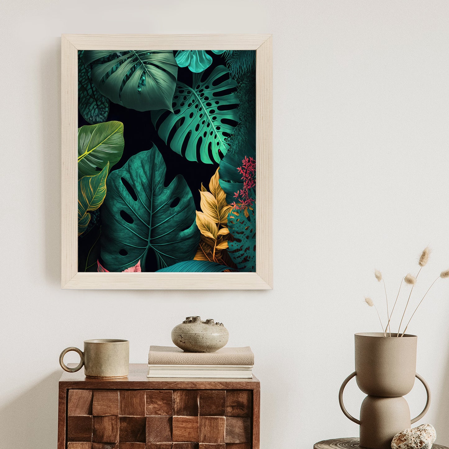 Poster Große Tropische Blätter Auf Schwarzem Hintergrund