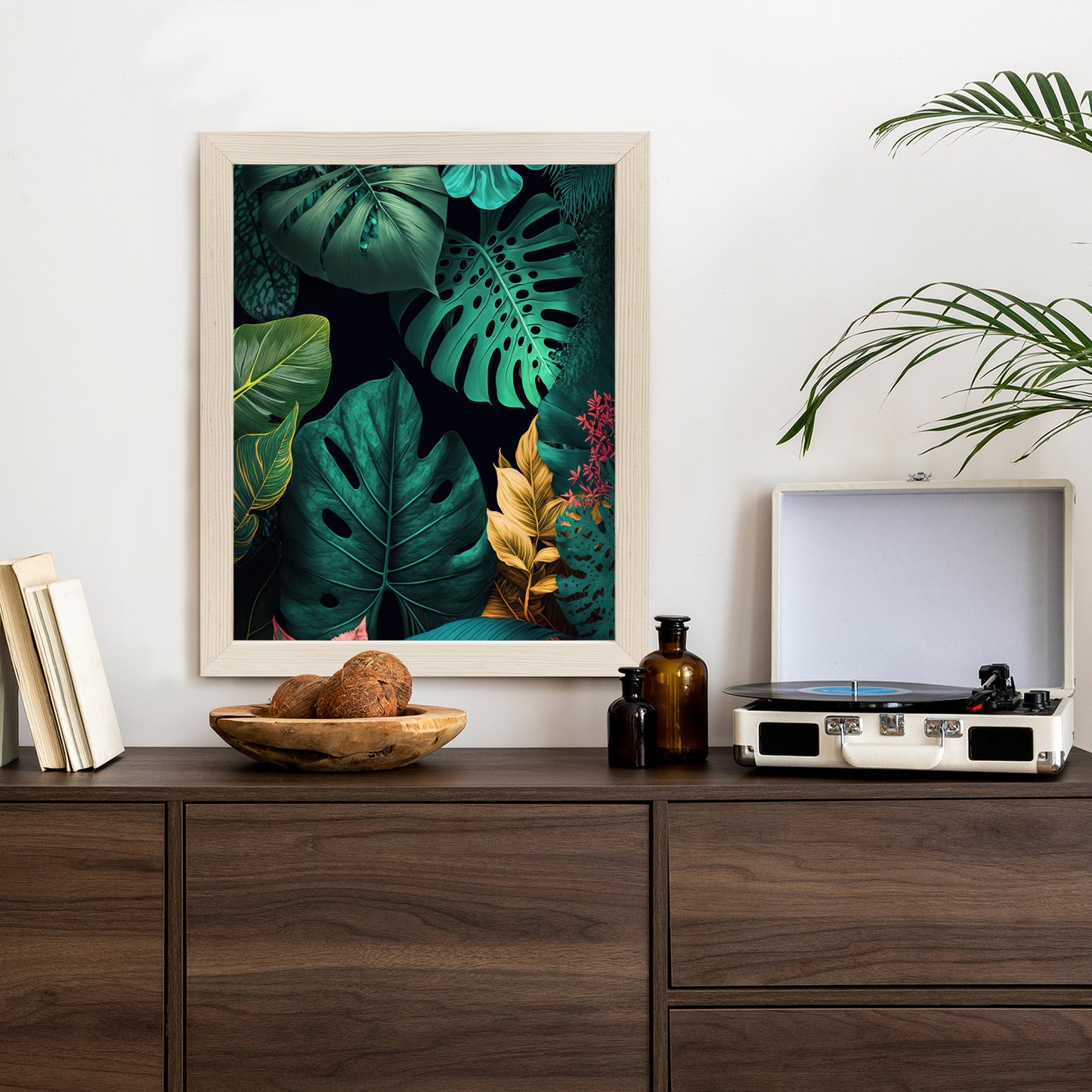 Poster Große Tropische Blätter Auf Schwarzem Hintergrund