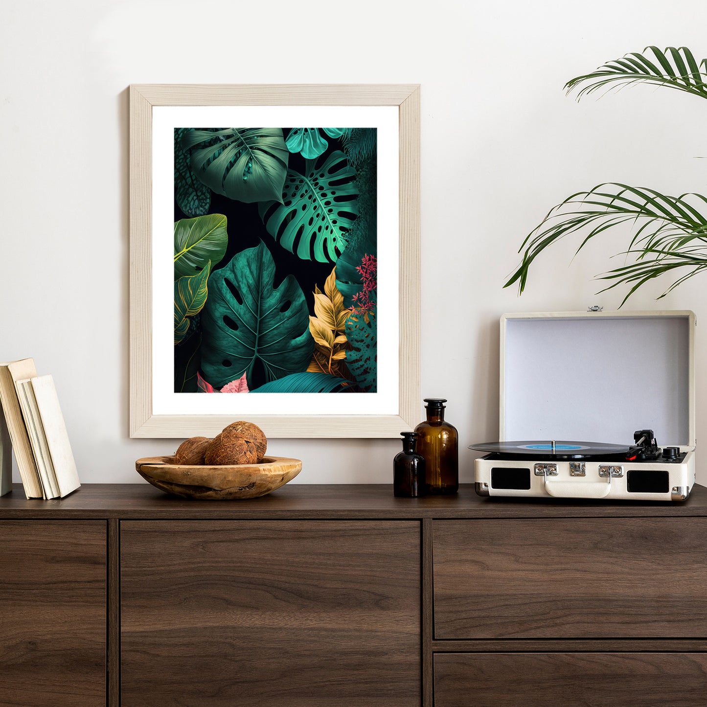 Poster Große Tropische Blätter Auf Schwarzem Hintergrund