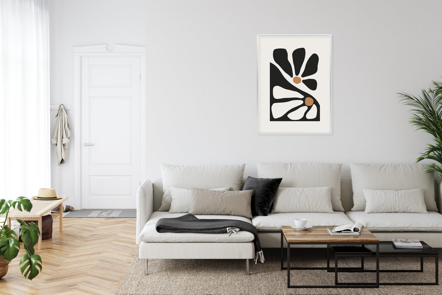 Poster Minimalistische Zweifarbige Blumen Rahmen Holz Mit Passepartout Farbe Natürlich