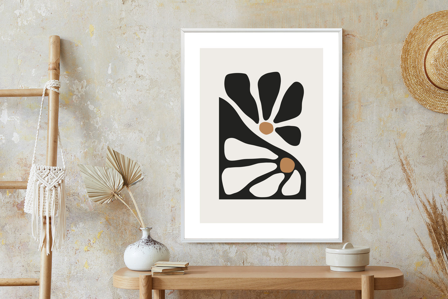 Poster Minimalistische Zweifarbige Blumen Rahmen Holz Mit Passepartout Farbe Natürlich