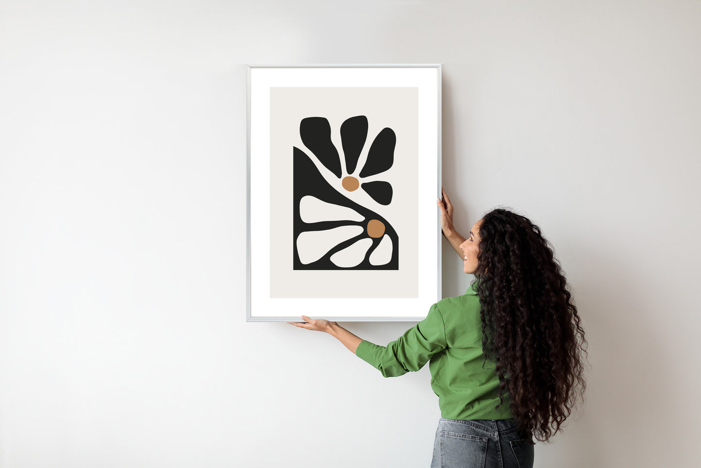 Poster Minimalistische Zweifarbige Blumen Rahmen Holz Mit Passepartout Farbe Natürlich