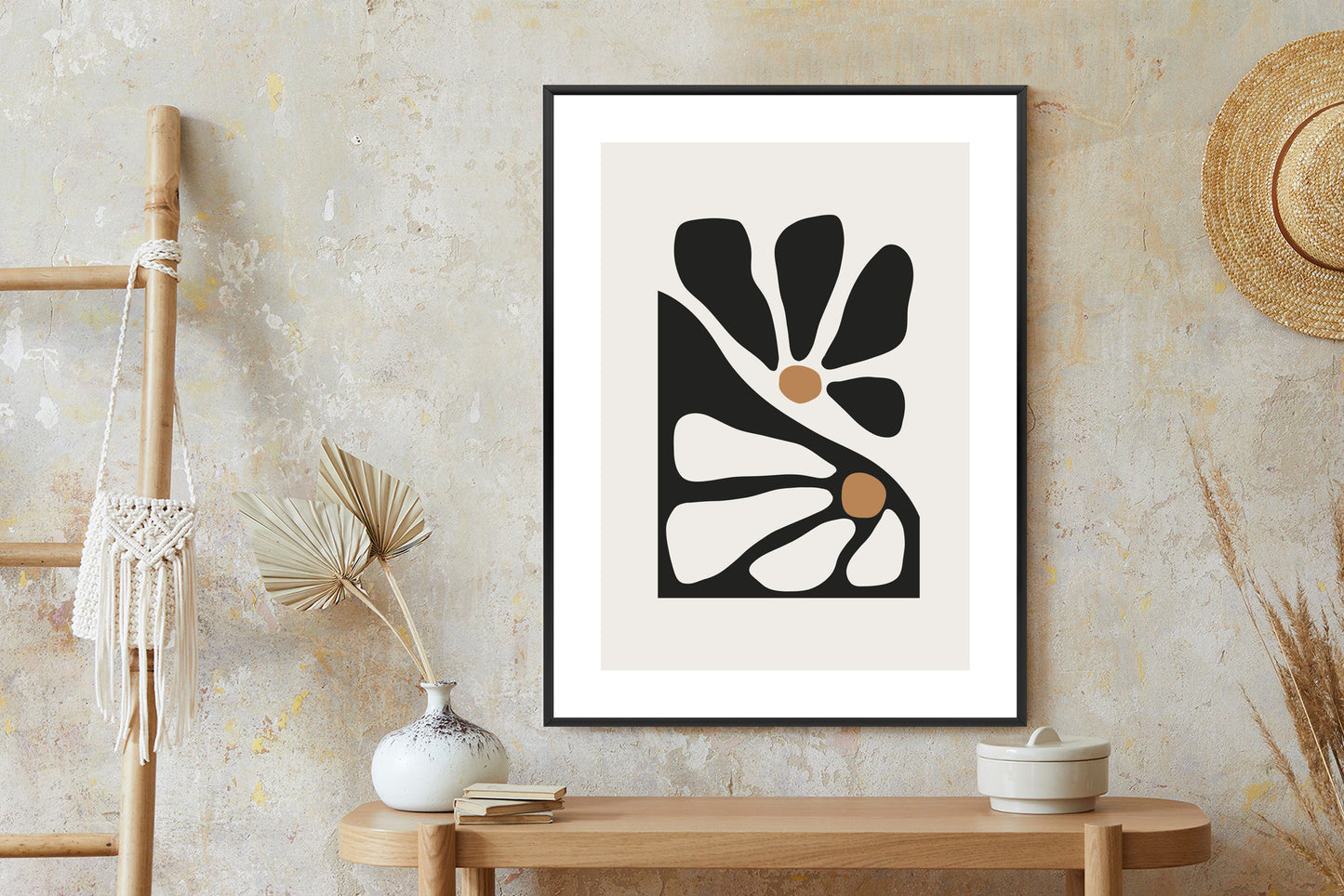 Poster Minimalistische Zweifarbige Blumen Rahmen Holz Mit Passepartout Farbe Natürlich