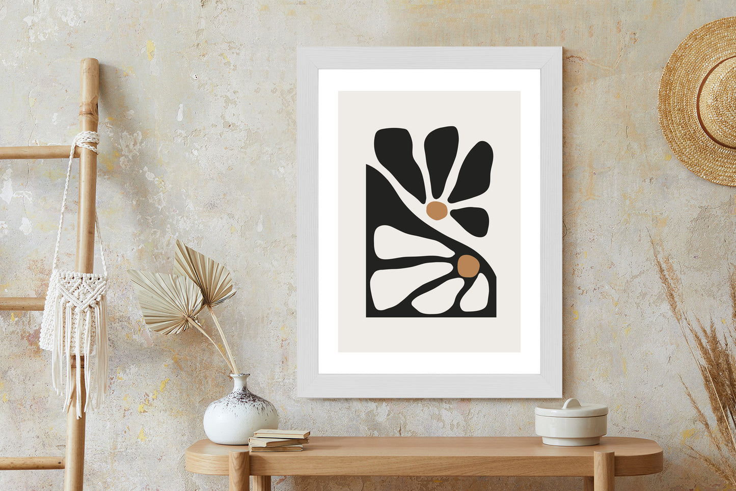 Poster Minimalistische Zweifarbige Blumen Rahmen Holz Mit Passepartout Farbe Natürlich