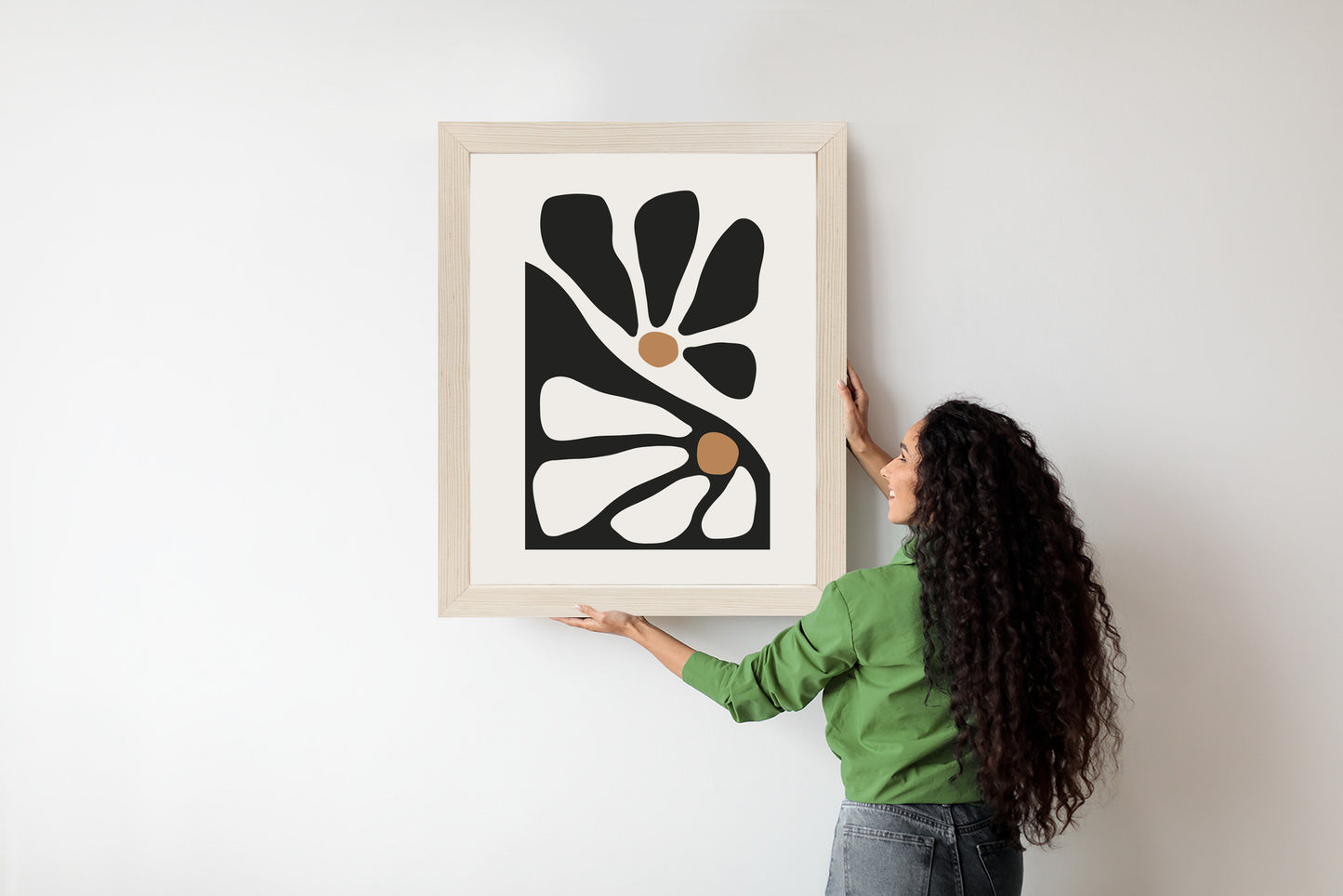 Poster Minimalistische Zweifarbige Blumen Rahmen Holz Mit Passepartout Farbe Natürlich