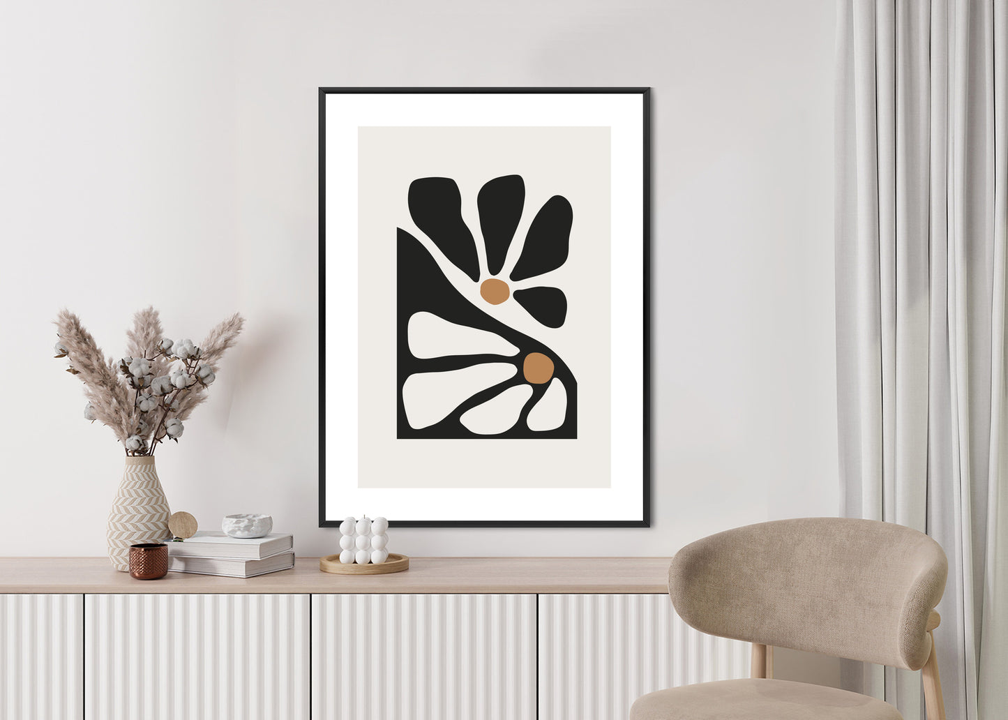 Poster Minimalistische Zweifarbige Blumen Rahmen Holz Mit Passepartout Farbe Natürlich