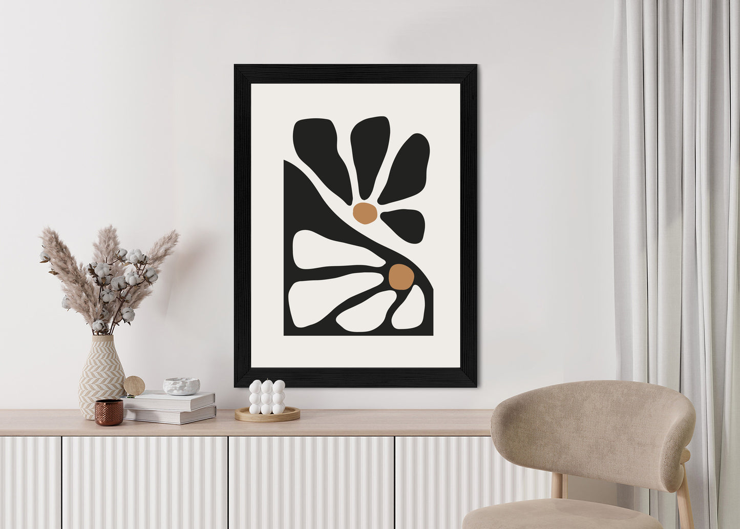 Poster Minimalistische Zweifarbige Blumen Rahmen Holz Mit Passepartout Farbe Natürlich