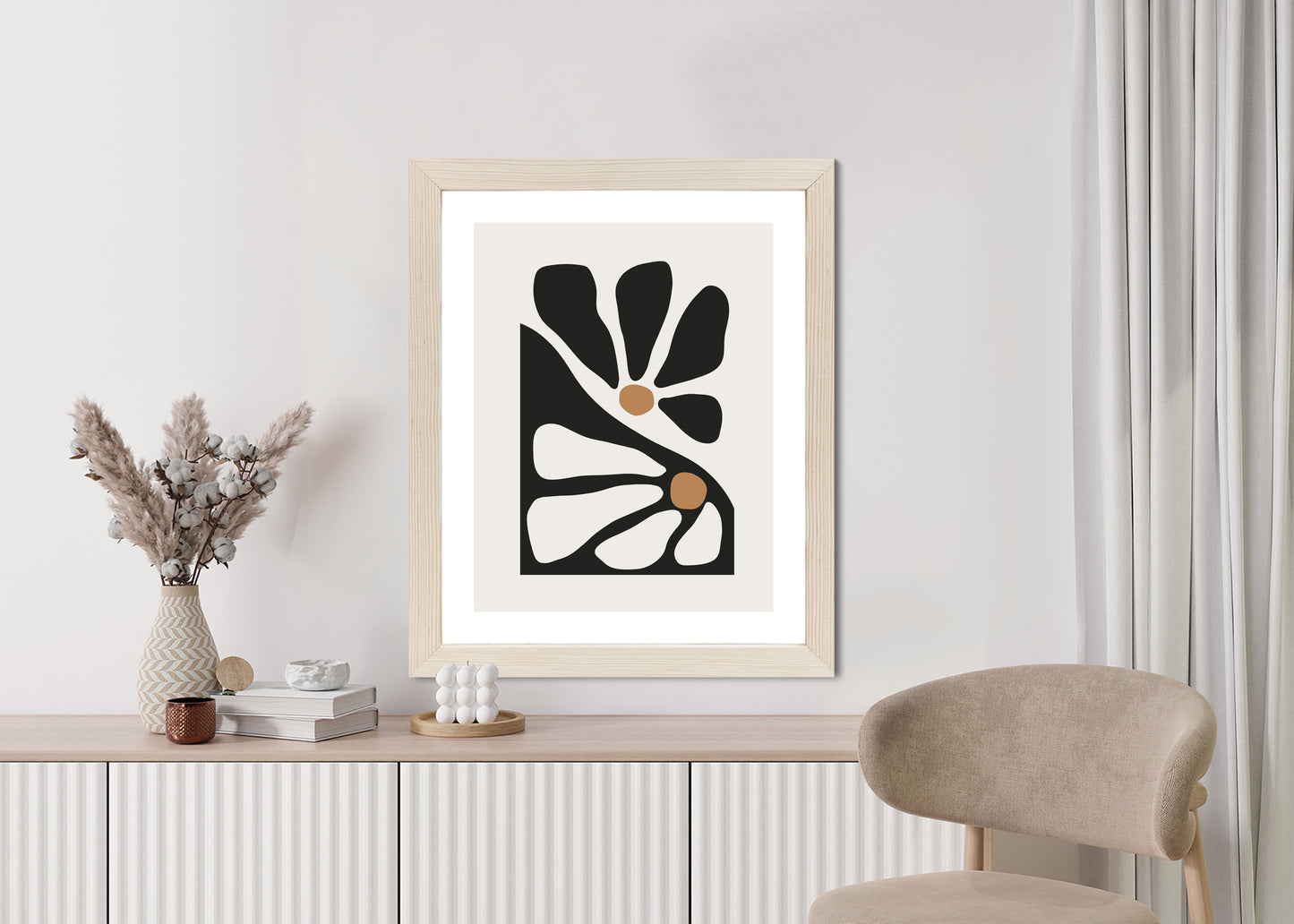 Poster Minimalistische Zweifarbige Blumen Rahmen Holz Mit Passepartout Farbe Natürlich