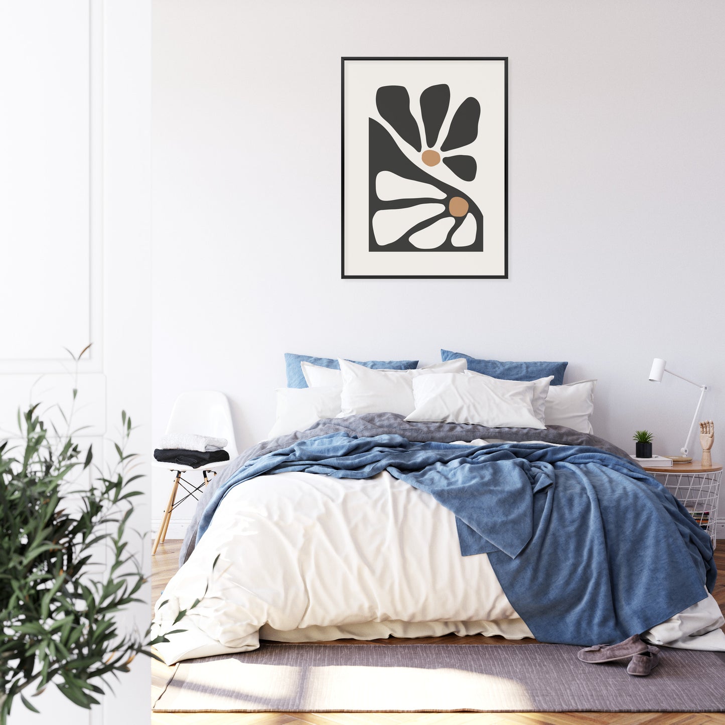 Poster Minimalistische Zweifarbige Blumen Rahmen Holz Mit Passepartout Farbe Natürlich