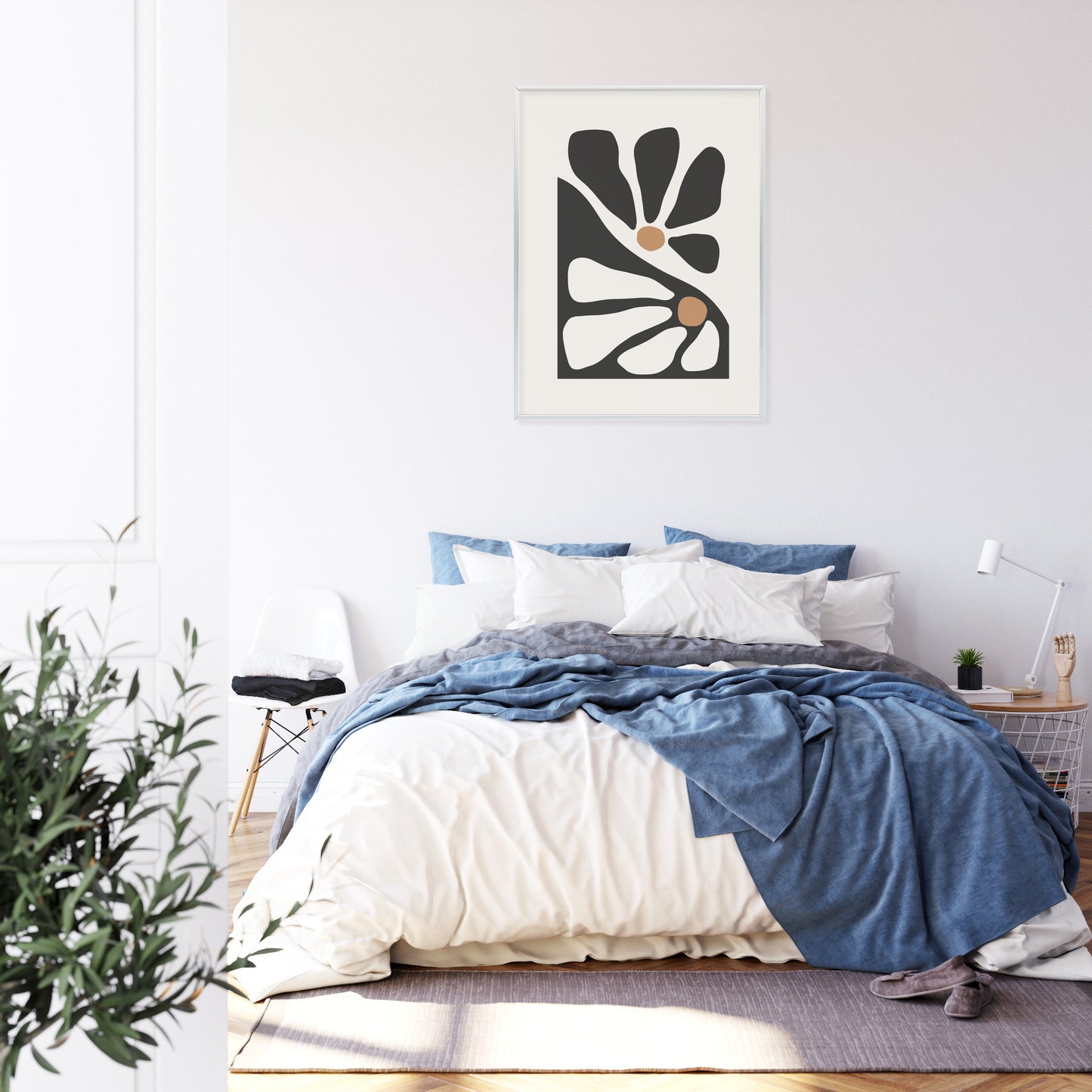 Poster Minimalistische Zweifarbige Blumen Rahmen Holz Mit Passepartout Farbe Natürlich