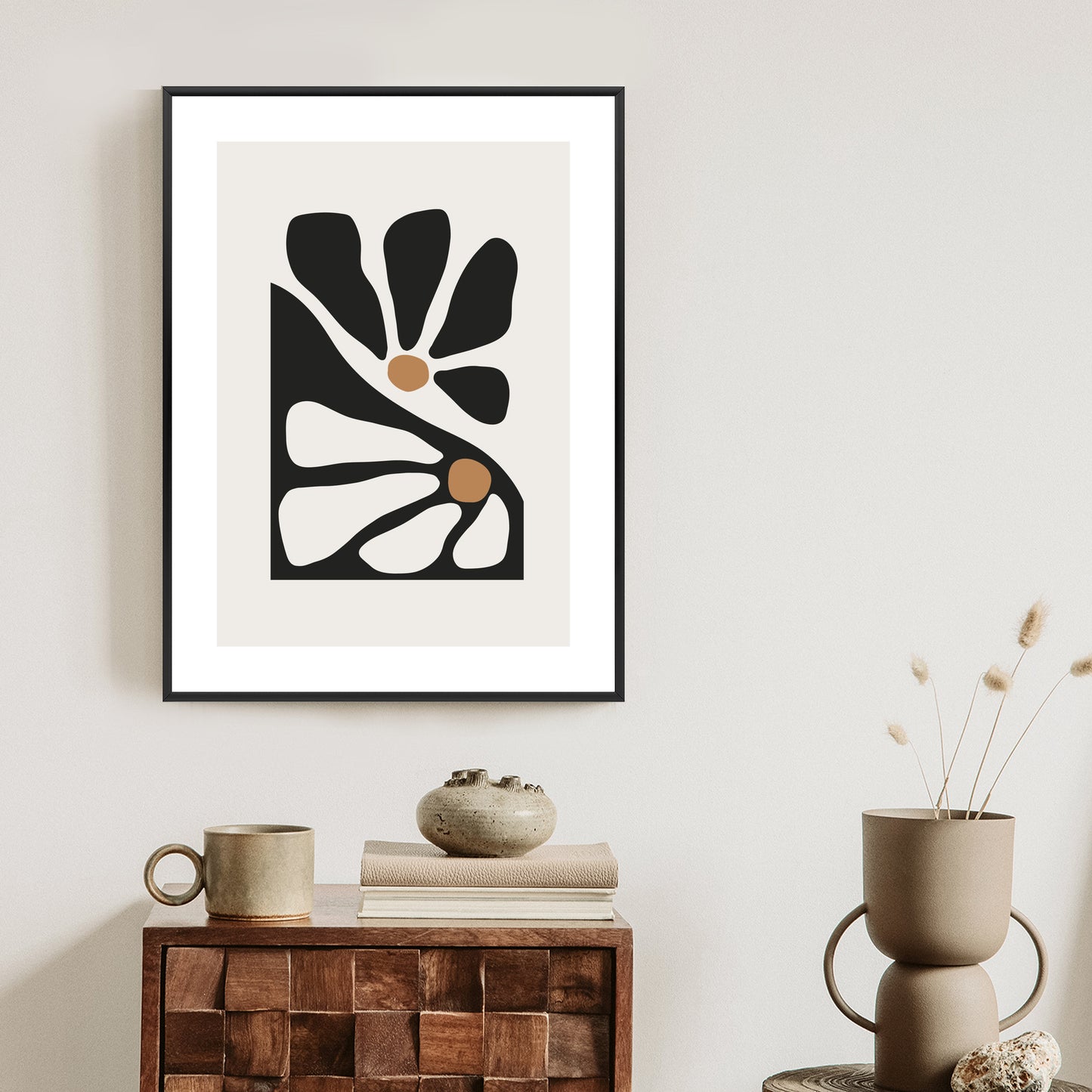 Poster Minimalistische Zweifarbige Blumen Rahmen Holz Mit Passepartout Farbe Natürlich
