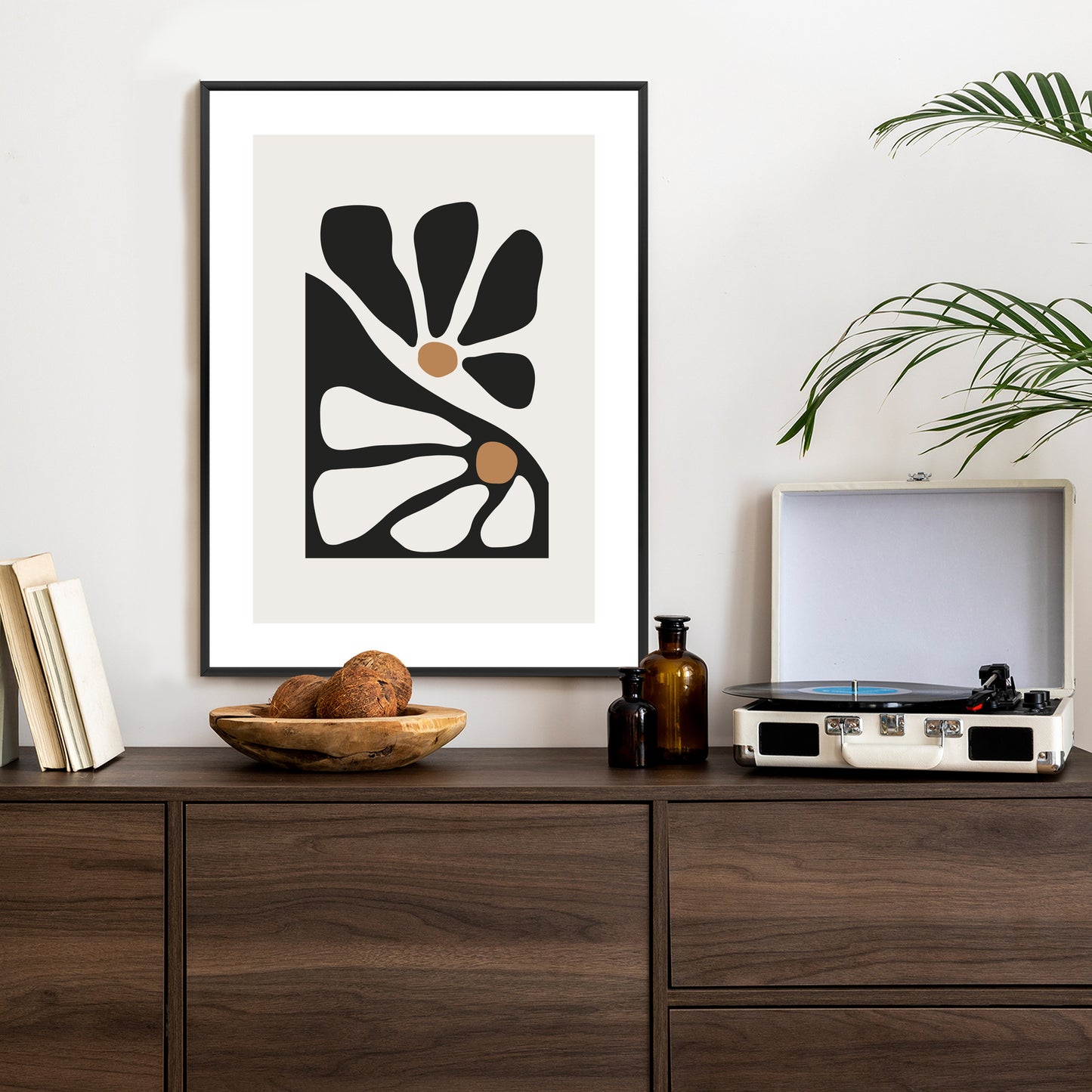 Poster Minimalistische Zweifarbige Blumen Rahmen Holz Mit Passepartout Farbe Natürlich