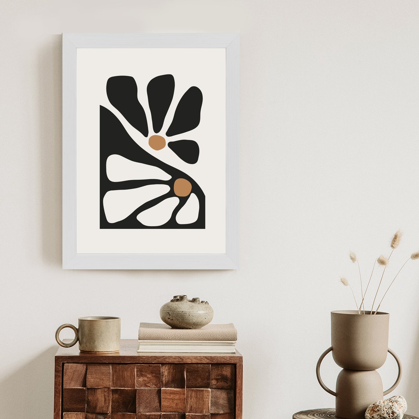 Poster Minimalistische Zweifarbige Blumen Rahmen Holz Mit Passepartout Farbe Natürlich