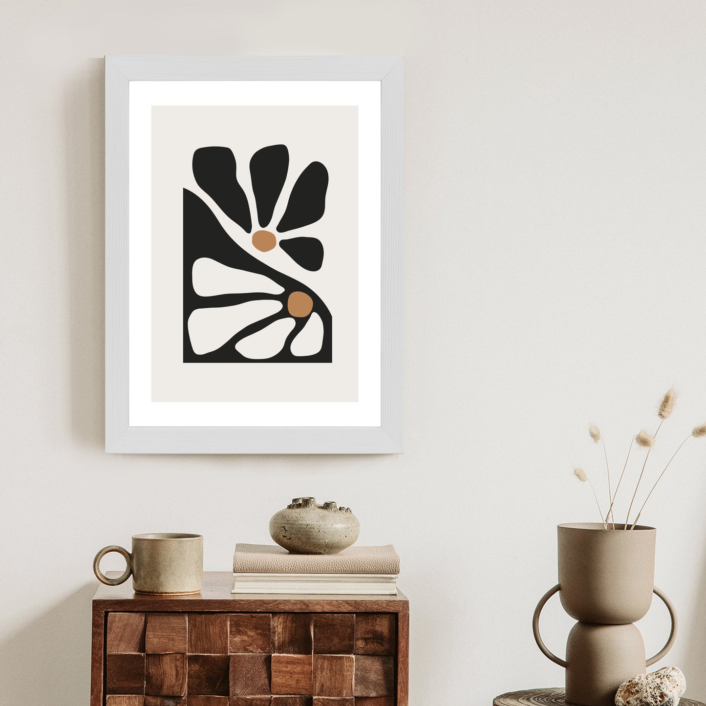 Poster Minimalistische Zweifarbige Blumen Rahmen Holz Mit Passepartout Farbe Natürlich