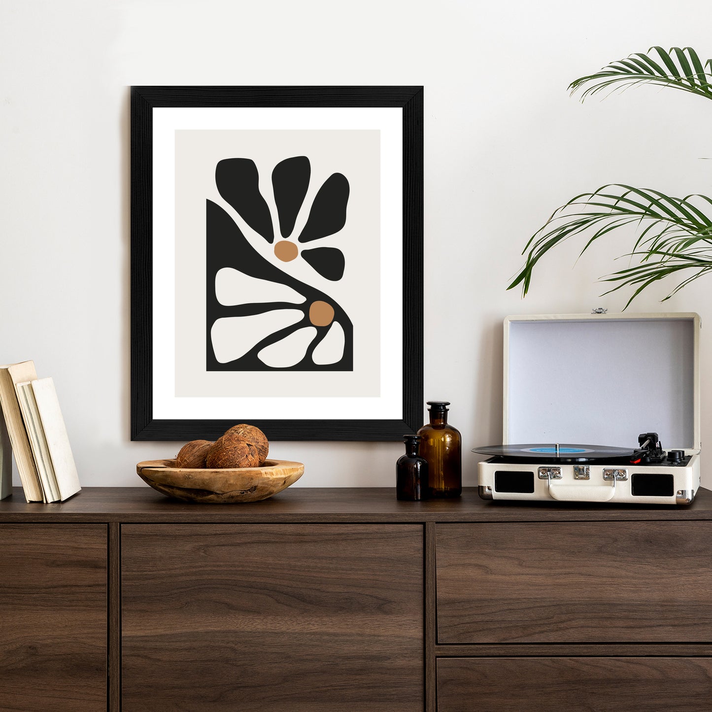Poster Minimalistische Zweifarbige Blumen Rahmen Holz Mit Passepartout Farbe Natürlich