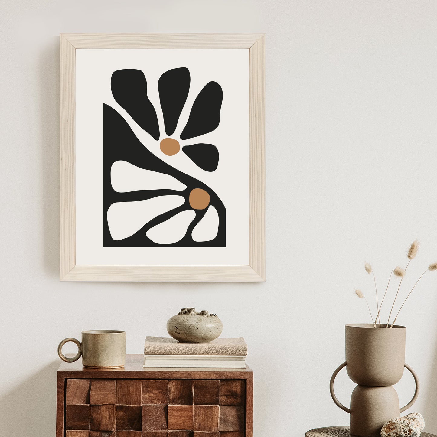 Poster Minimalistische Zweifarbige Blumen Rahmen Holz Mit Passepartout Farbe Natürlich