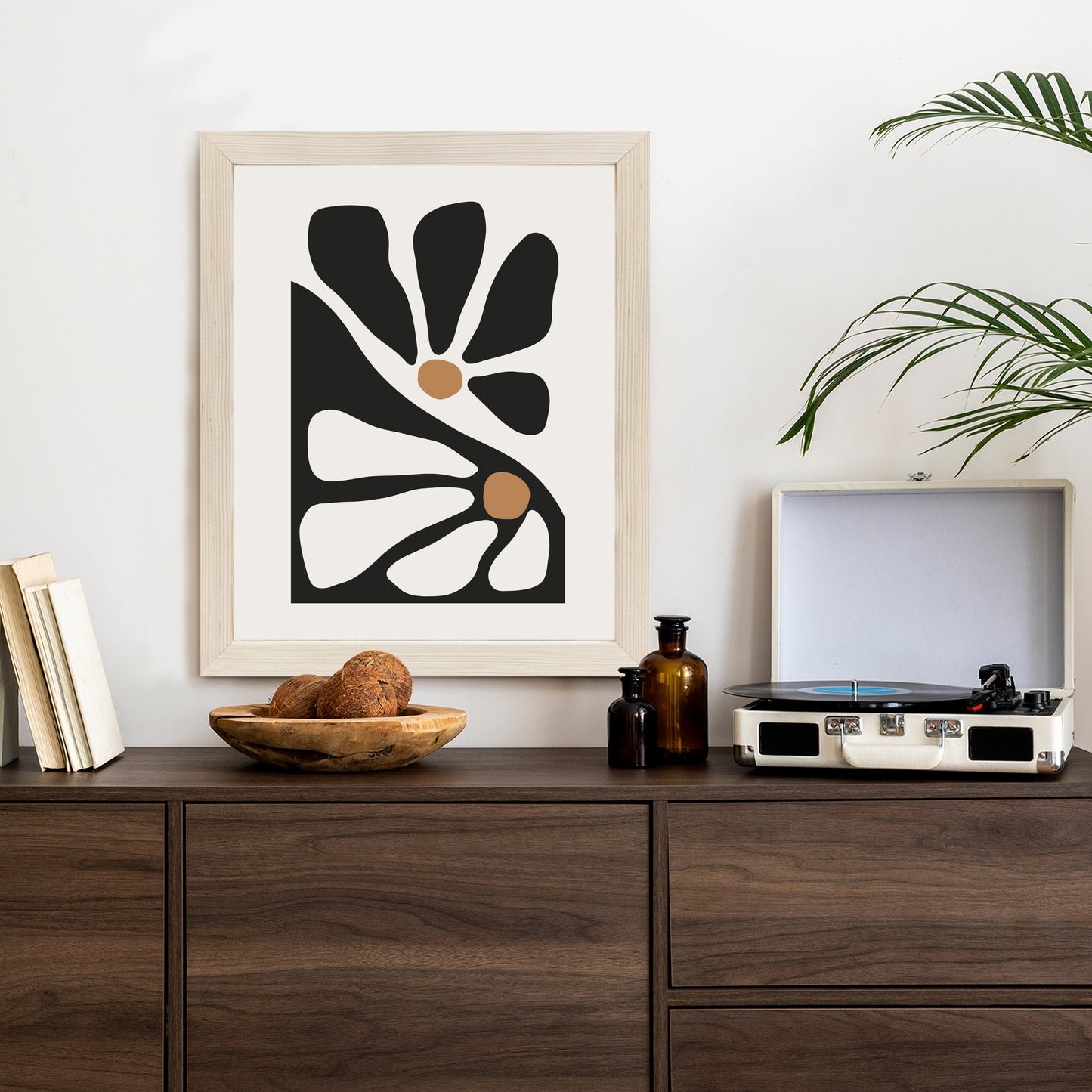 Poster Minimalistische Zweifarbige Blumen Rahmen Holz Mit Passepartout Farbe Natürlich