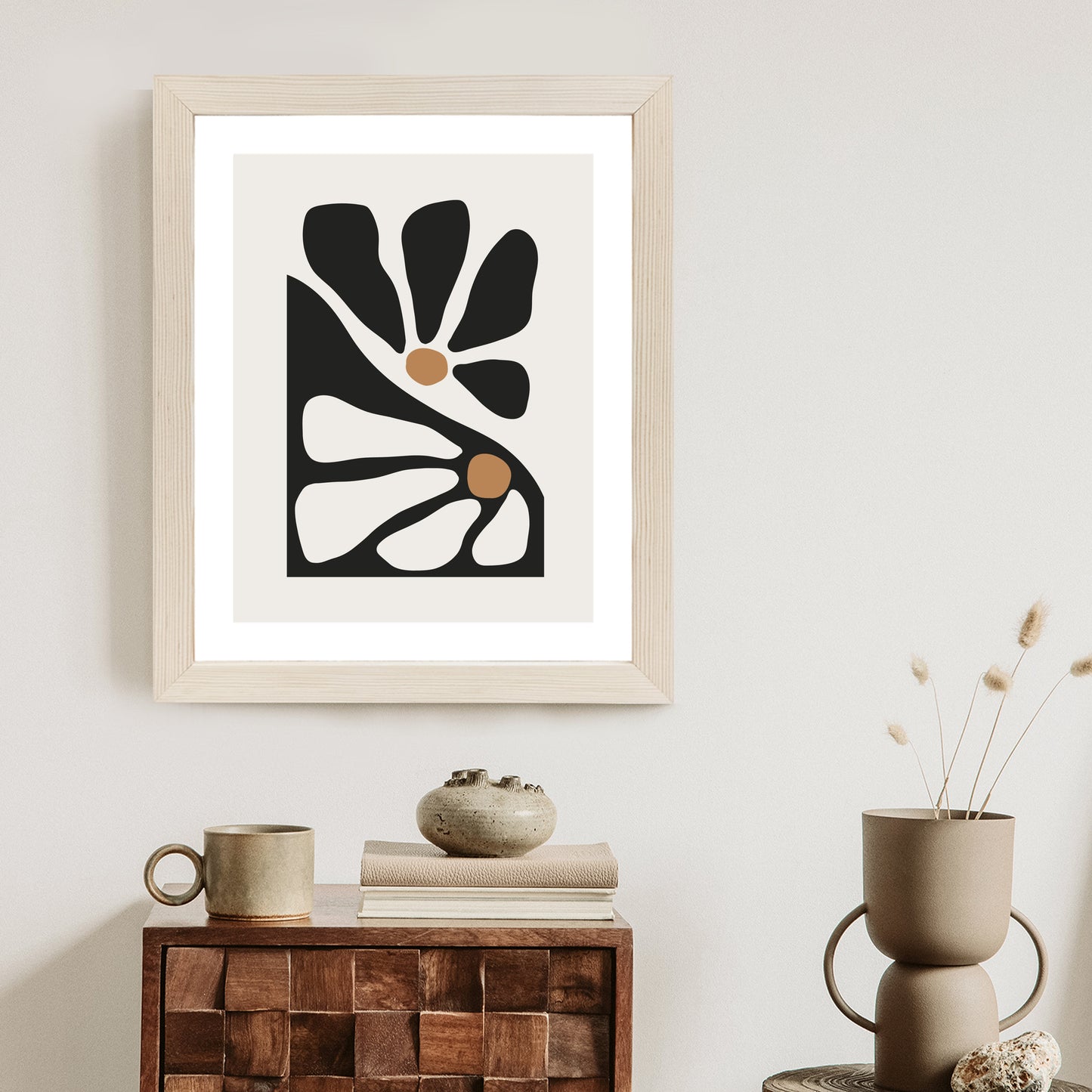 Poster Minimalistische Zweifarbige Blumen Rahmen Holz Mit Passepartout Farbe Natürlich