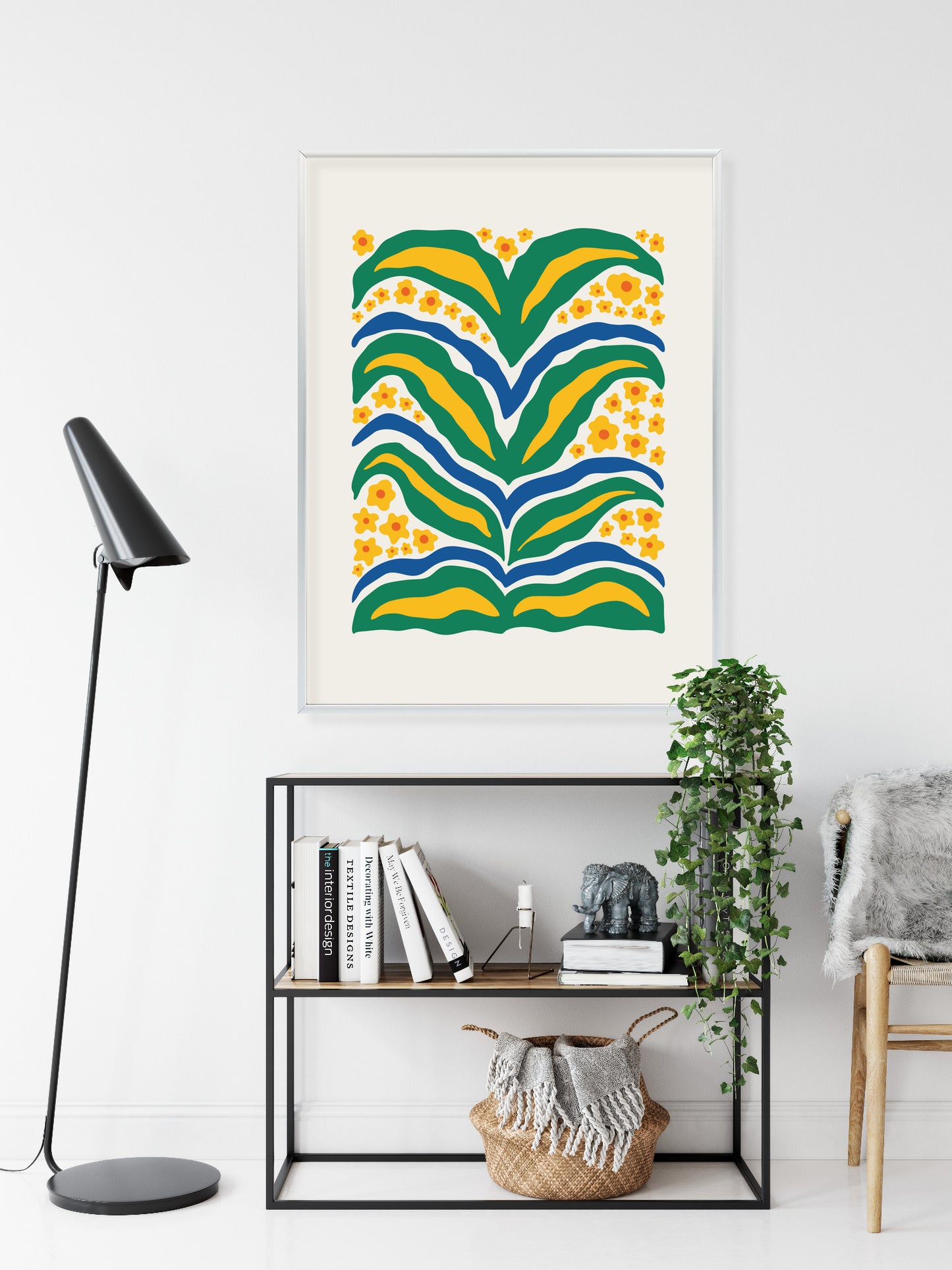 Poster Minimalistische Pflanze Mit Gelber Blumenabstraktion Rahmen Hölzern Farbe Weiß