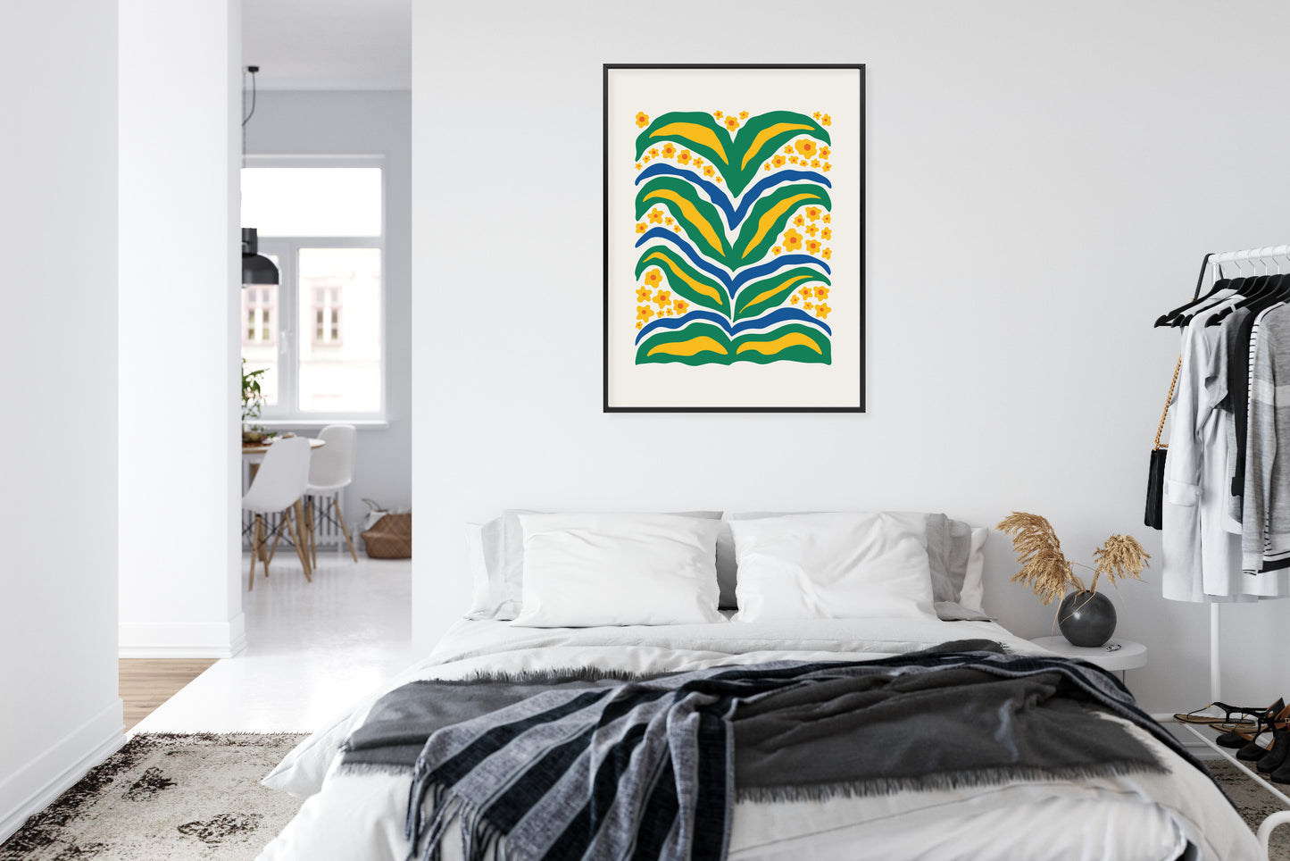Poster Minimalistische Pflanze Mit Gelber Blumenabstraktion Rahmen Hölzern Farbe Weiß