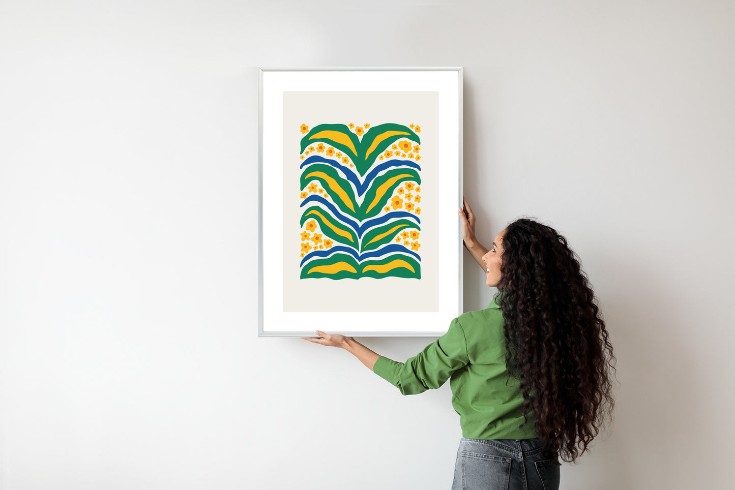 Poster Minimalistische Pflanze Mit Gelber Blumenabstraktion Rahmen Hölzern Farbe Weiß