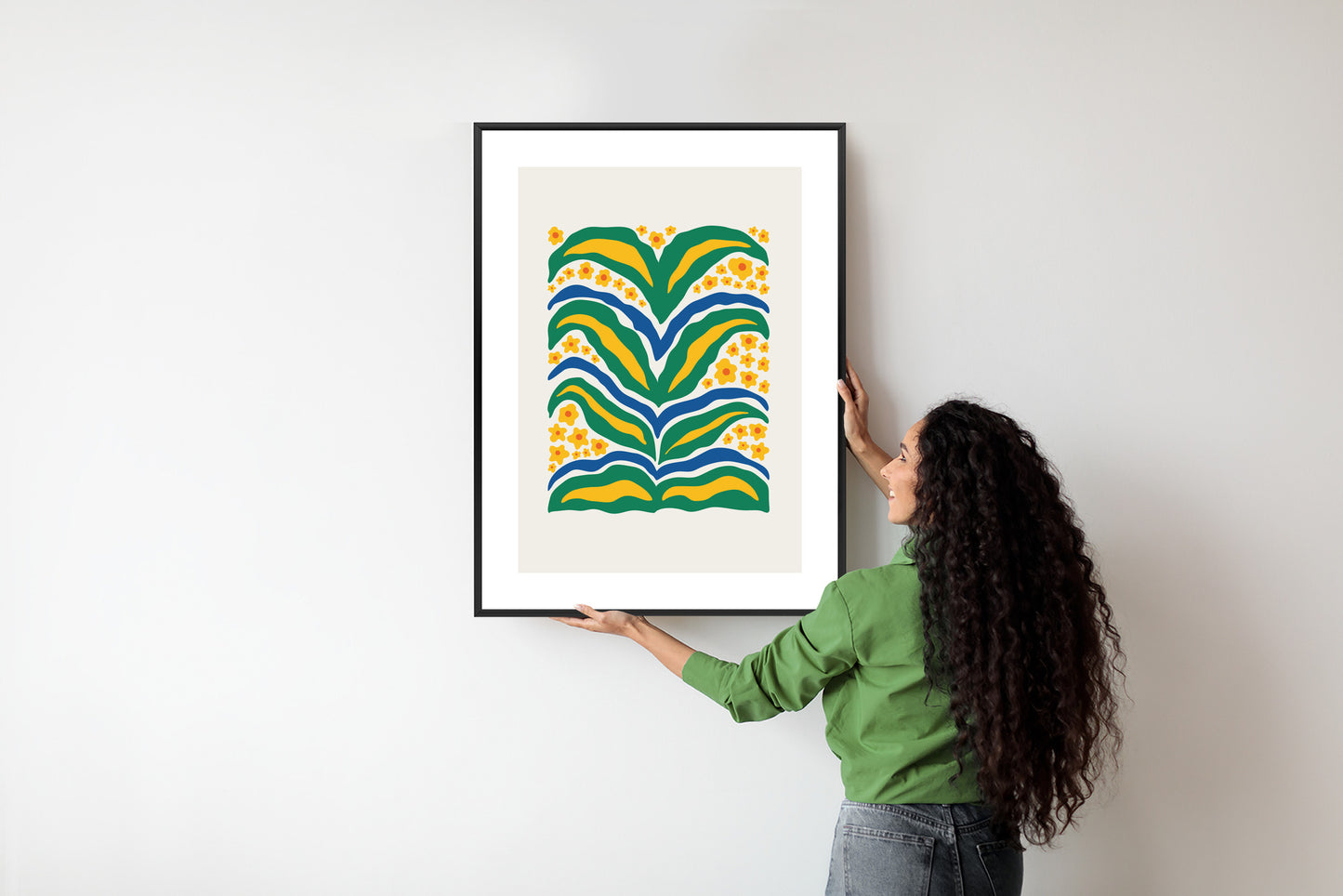Poster Minimalistische Pflanze Mit Gelber Blumenabstraktion Rahmen Hölzern Farbe Weiß