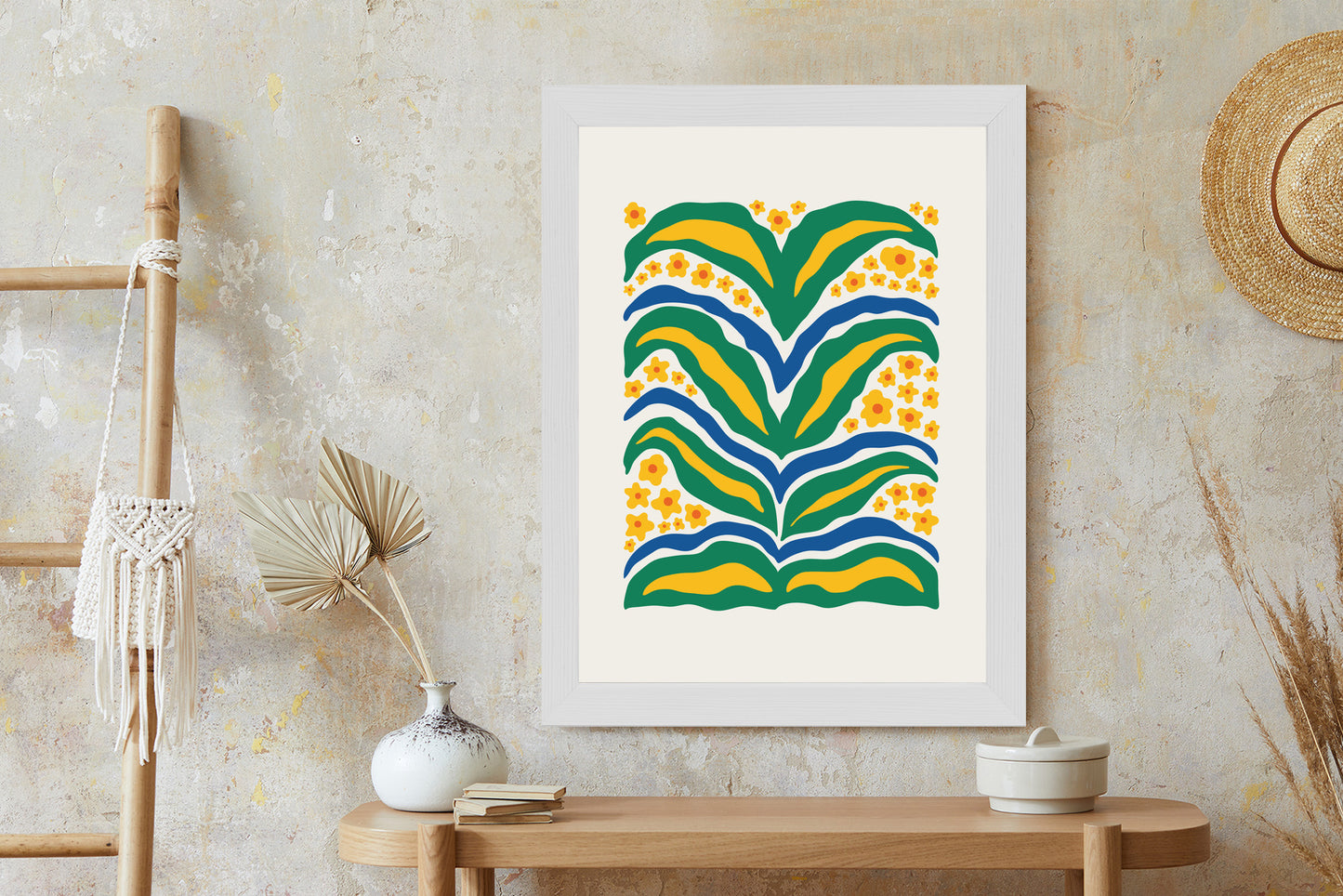 Poster Minimalistische Pflanze Mit Gelber Blumenabstraktion Rahmen Hölzern Farbe Weiß
