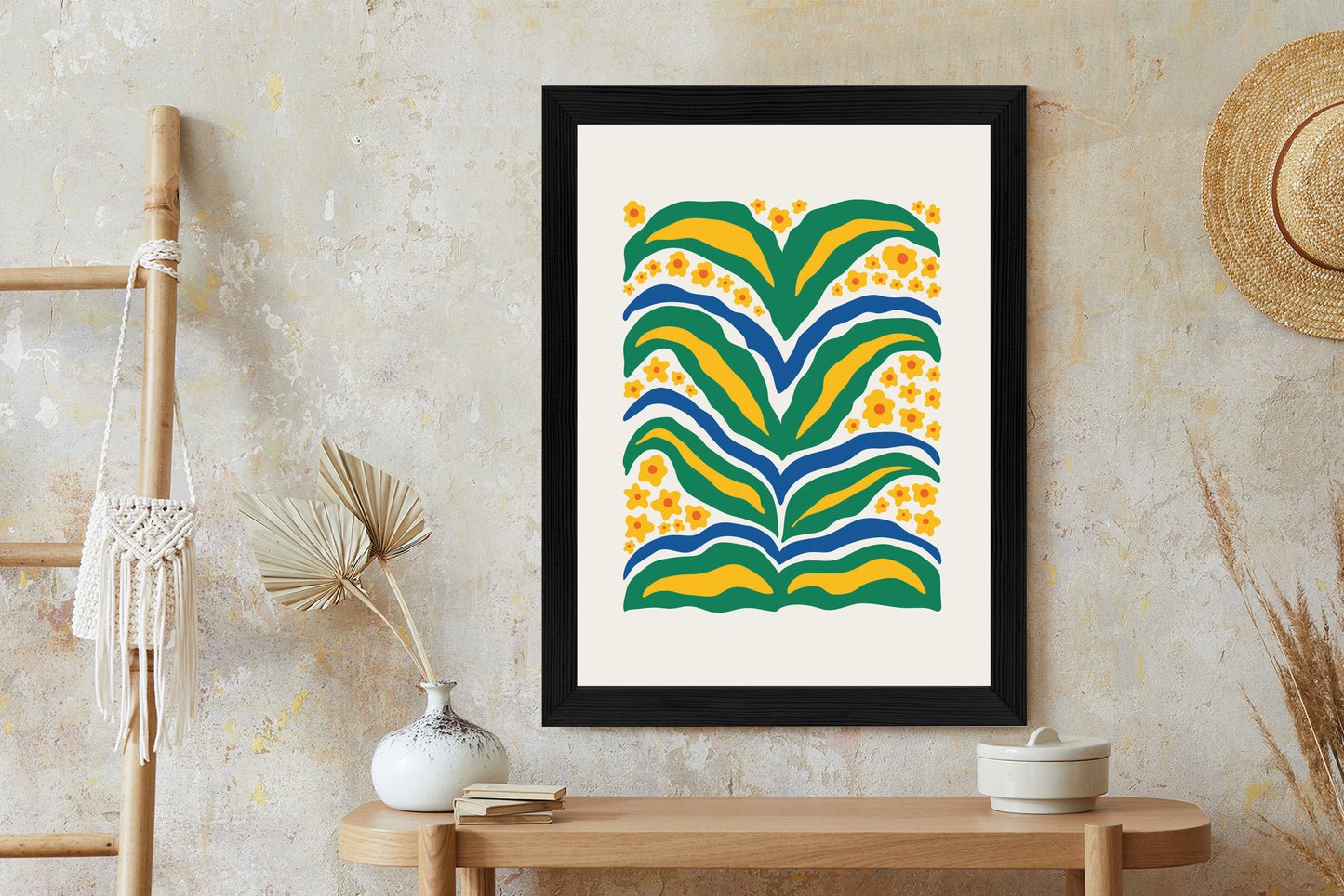 Poster Minimalistische Pflanze Mit Gelber Blumenabstraktion Rahmen Hölzern Farbe Weiß