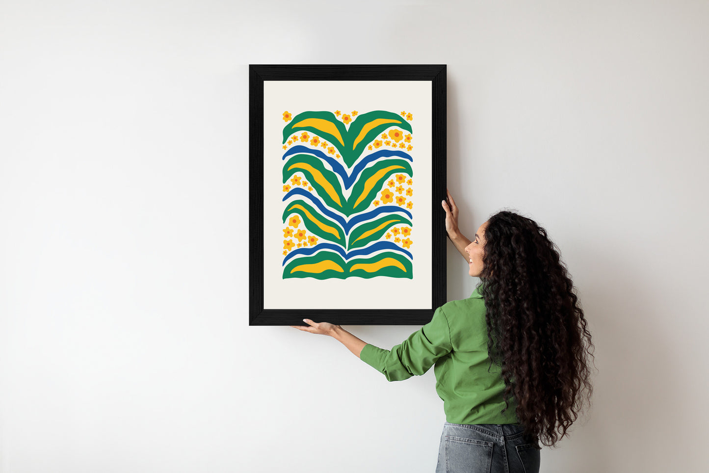 Poster Minimalistische Pflanze Mit Gelber Blumenabstraktion Rahmen Hölzern Farbe Weiß