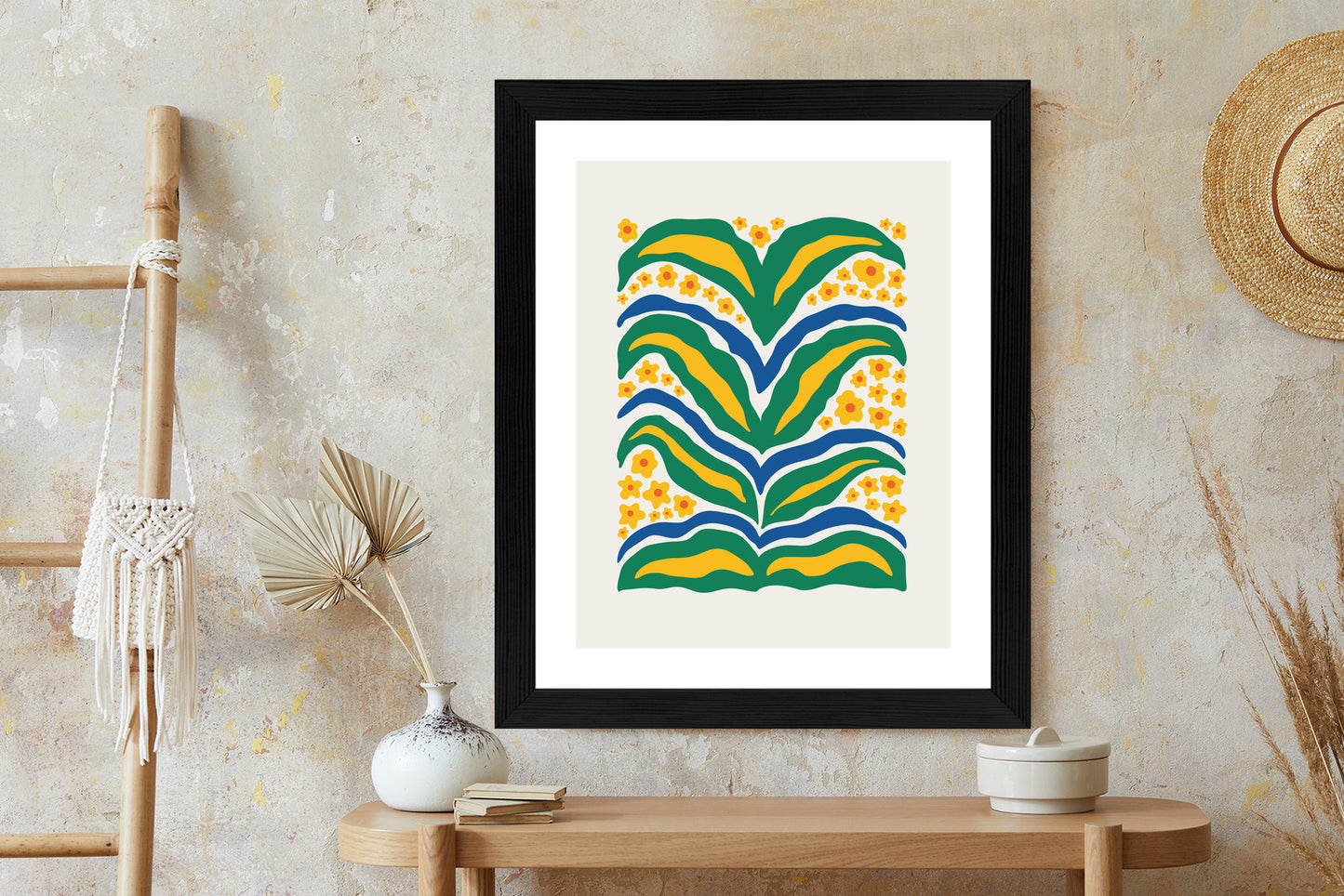 Poster Minimalistische Pflanze Mit Gelber Blumenabstraktion Rahmen Hölzern Farbe Weiß