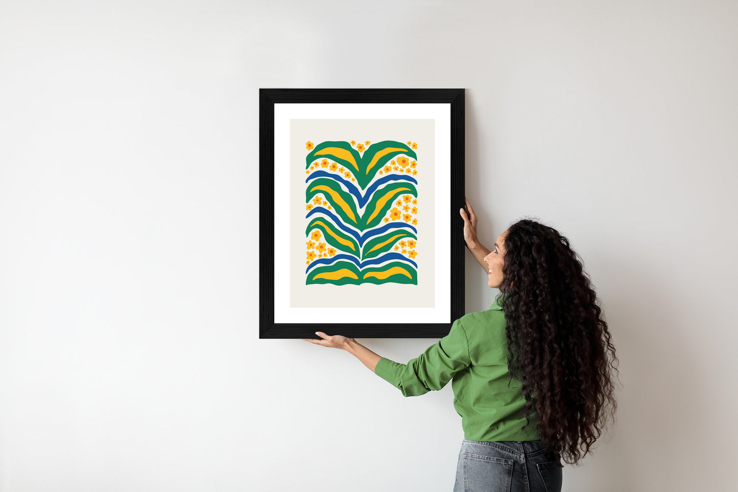 Poster Minimalistische Pflanze Mit Gelber Blumenabstraktion Rahmen Hölzern Farbe Weiß