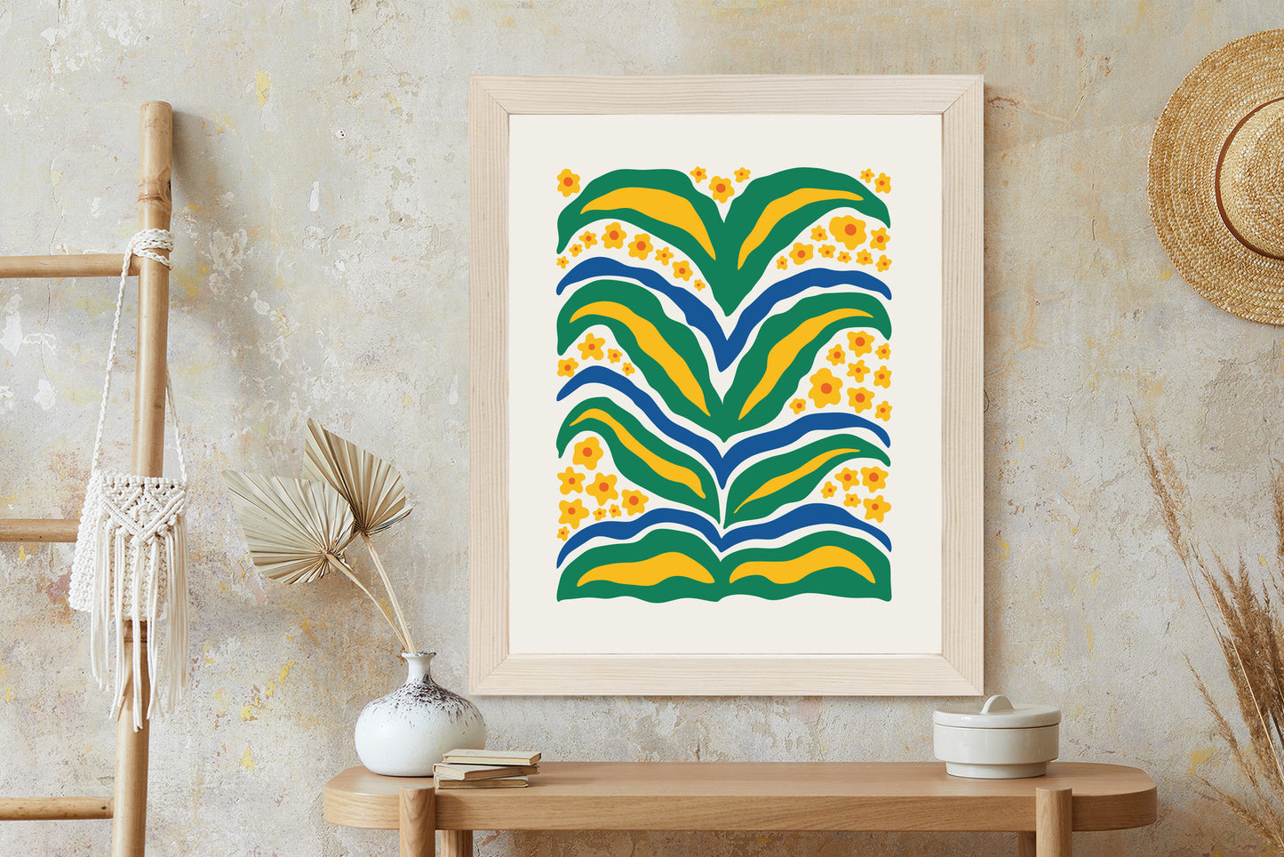 Poster Minimalistische Pflanze Mit Gelber Blumenabstraktion Rahmen Hölzern Farbe Weiß