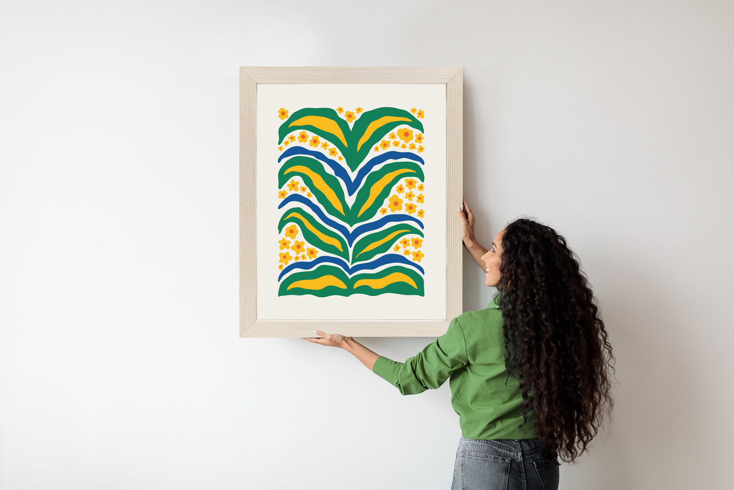 Poster Minimalistische Pflanze Mit Gelber Blumenabstraktion Rahmen Hölzern Farbe Weiß