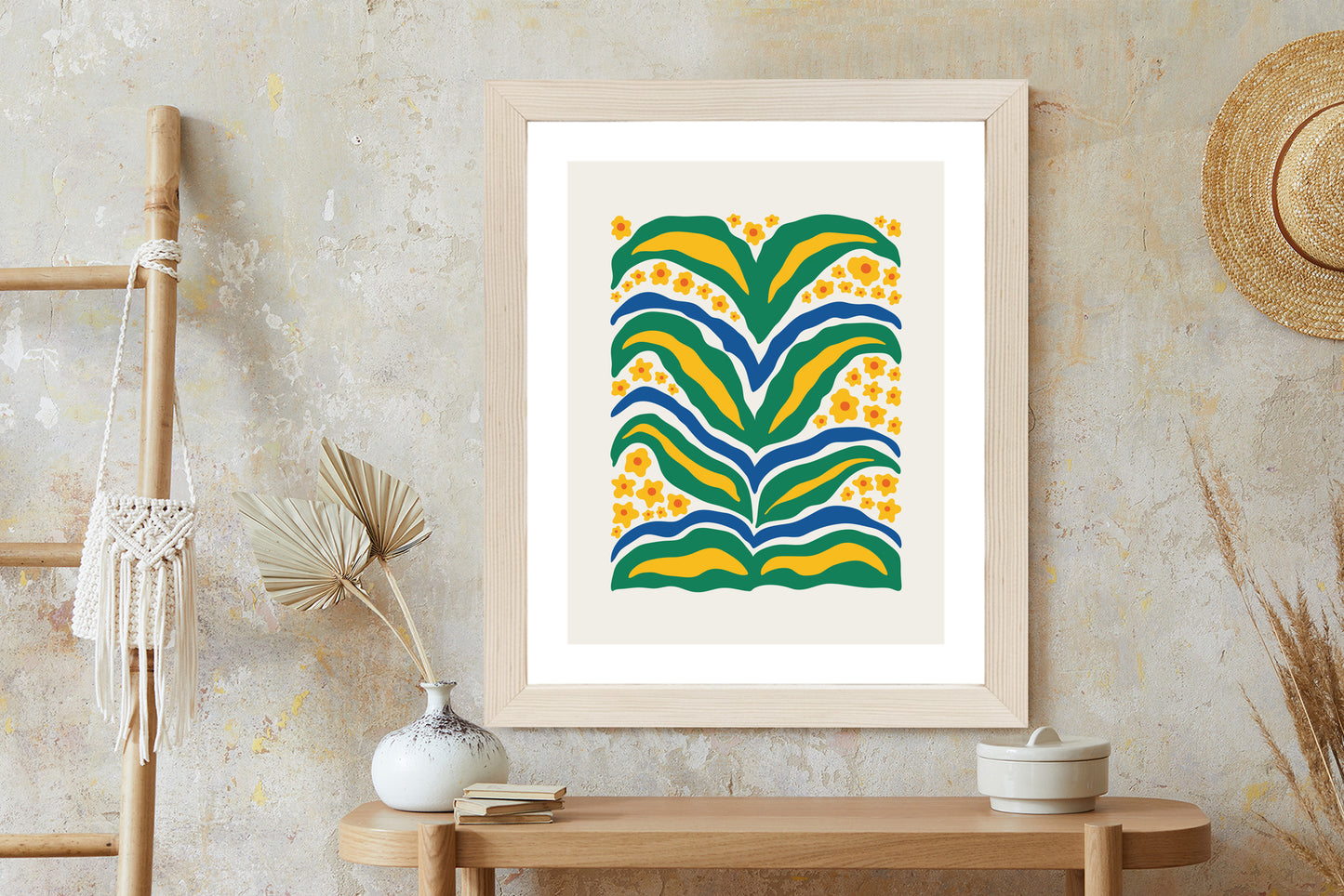 Poster Minimalistische Pflanze Mit Gelber Blumenabstraktion Rahmen Hölzern Farbe Weiß