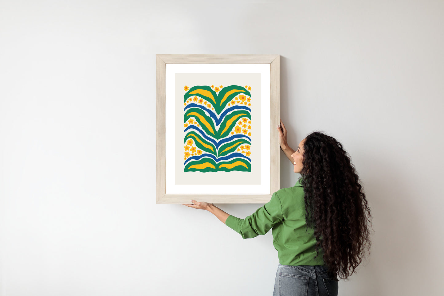 Poster Minimalistische Pflanze Mit Gelber Blumenabstraktion Rahmen Hölzern Farbe Weiß
