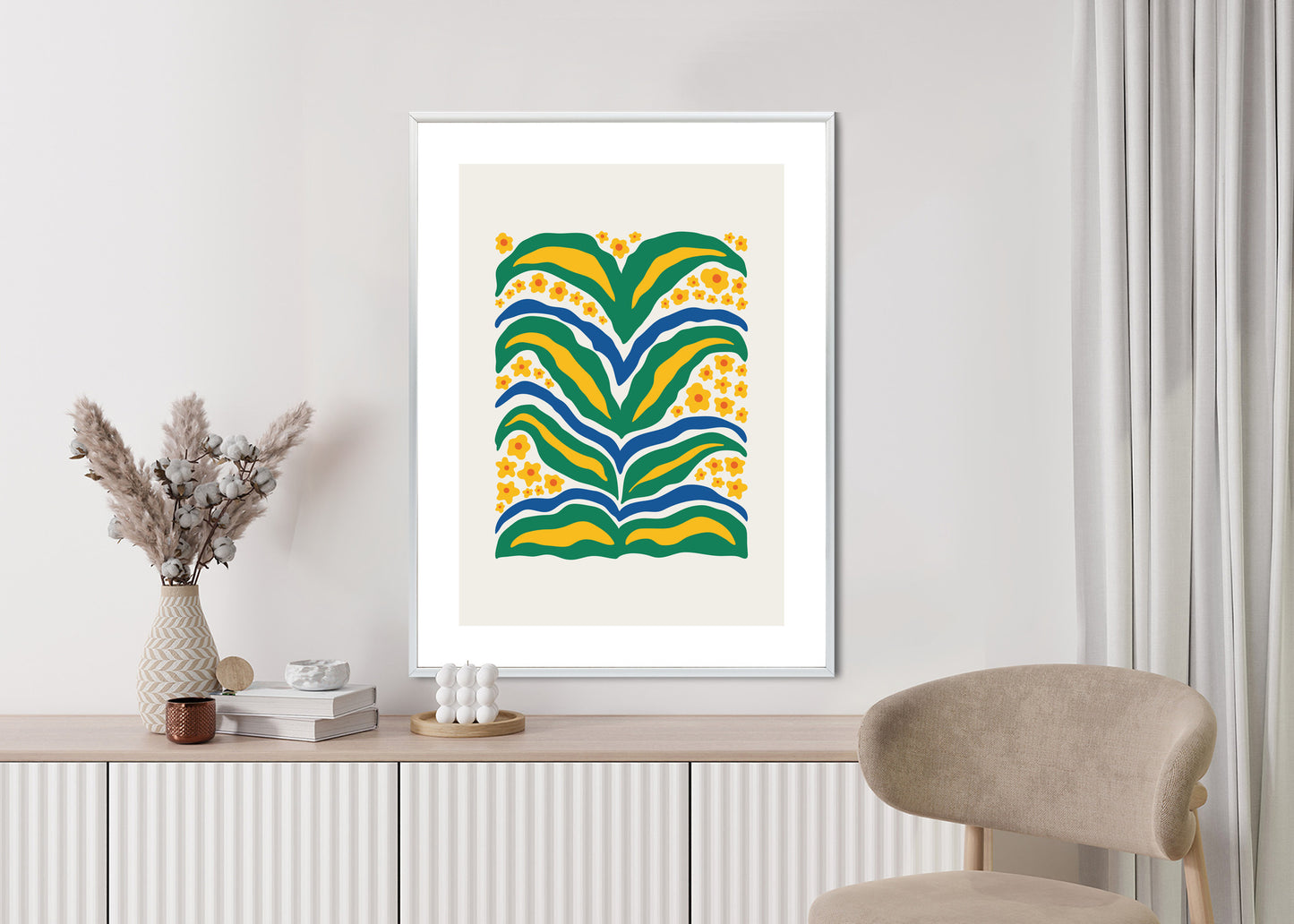 Poster Minimalistische Pflanze Mit Gelber Blumenabstraktion Rahmen Hölzern Farbe Weiß