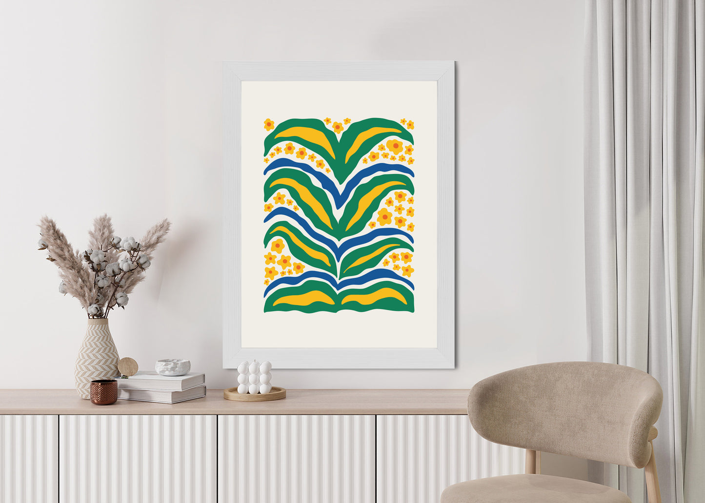Poster Minimalistische Pflanze Mit Gelber Blumenabstraktion Rahmen Hölzern Farbe Weiß