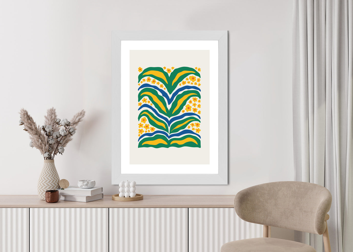 Poster Minimalistische Pflanze Mit Gelber Blumenabstraktion Rahmen Hölzern Farbe Weiß