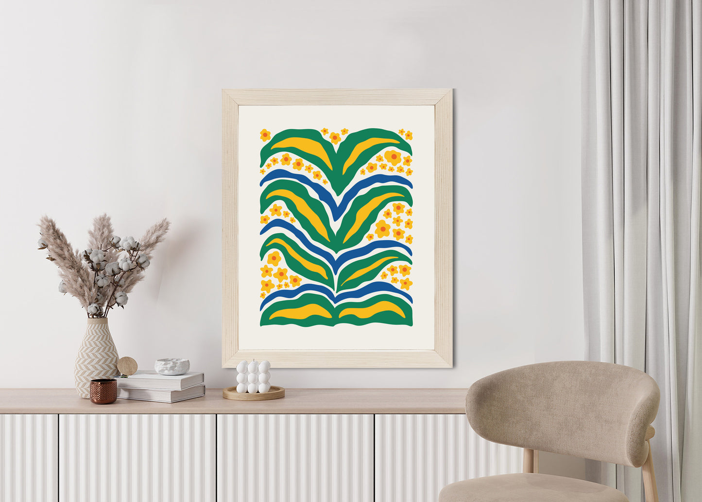 Poster Minimalistische Pflanze Mit Gelber Blumenabstraktion Rahmen Hölzern Farbe Weiß