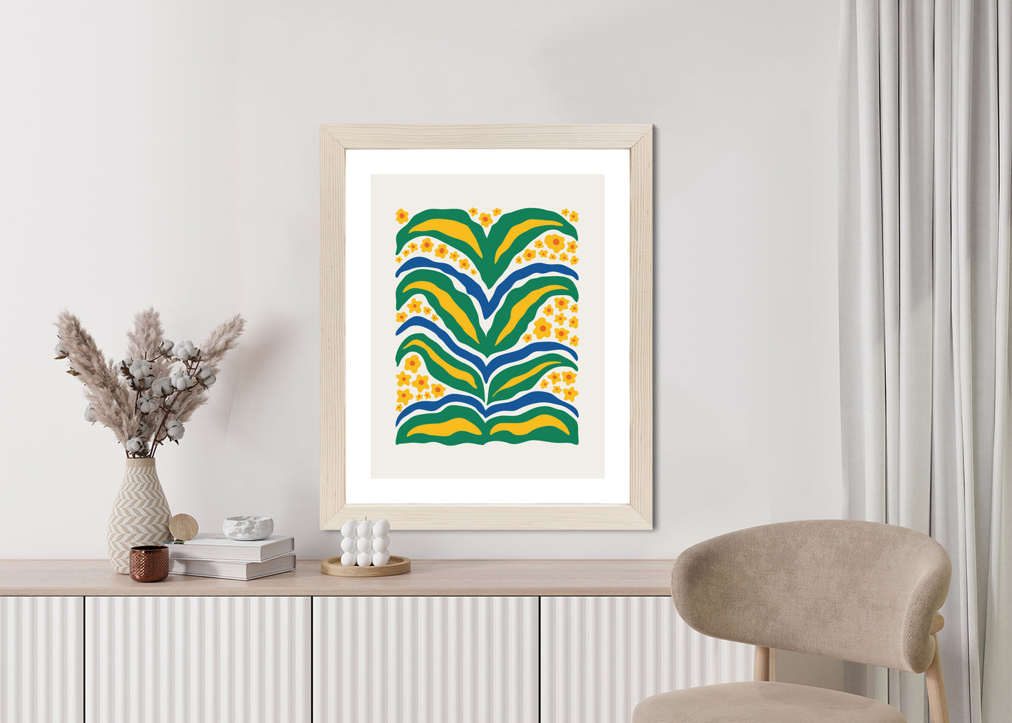 Poster Minimalistische Pflanze Mit Gelber Blumenabstraktion Rahmen Hölzern Farbe Weiß